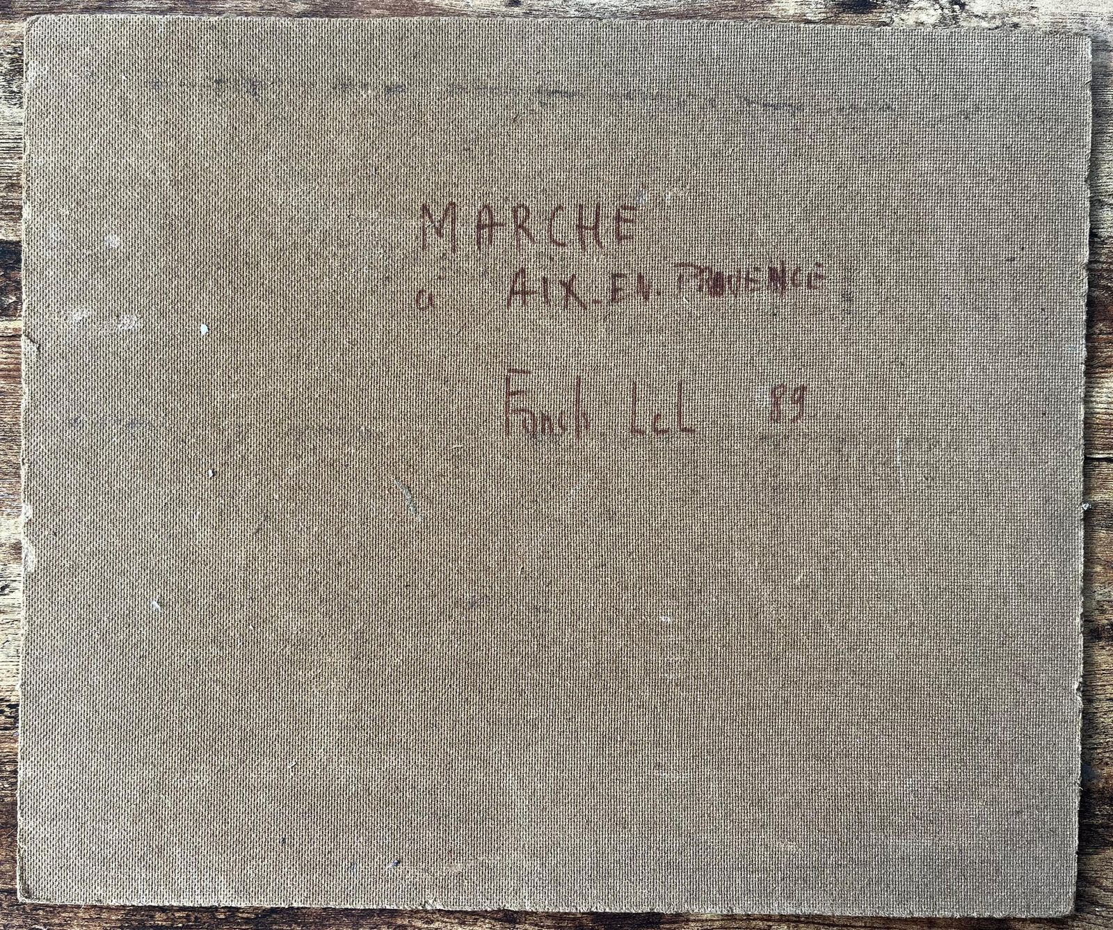 photo for sale Fanch Lelfrench Market Scene Aix En Provence Trees Figures And Flowers 1989 Painting1989