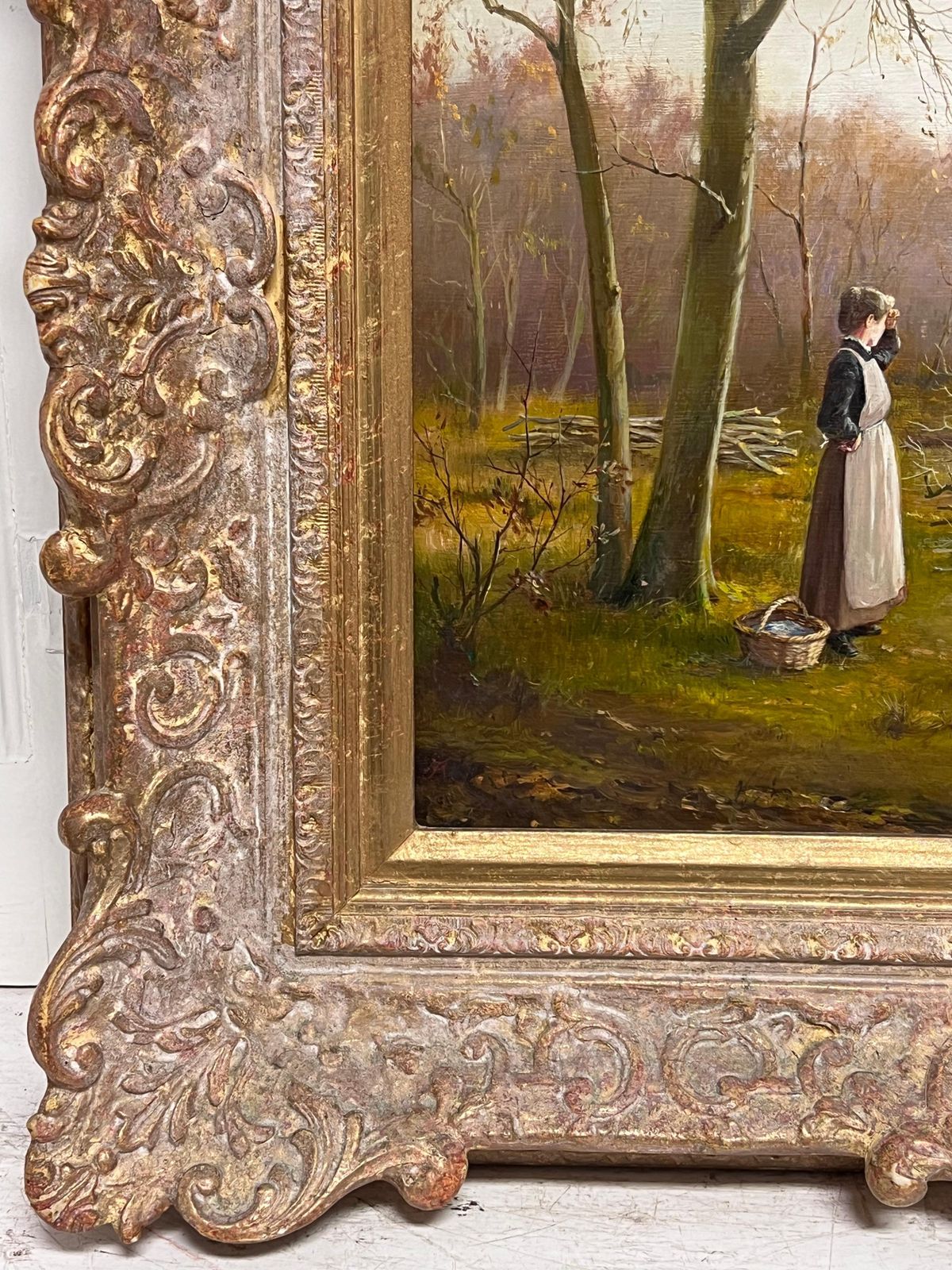 Antique English Schoollady In Woods With Logging Team Gatherin Firewood Fine English Oil Painting photo for sale
