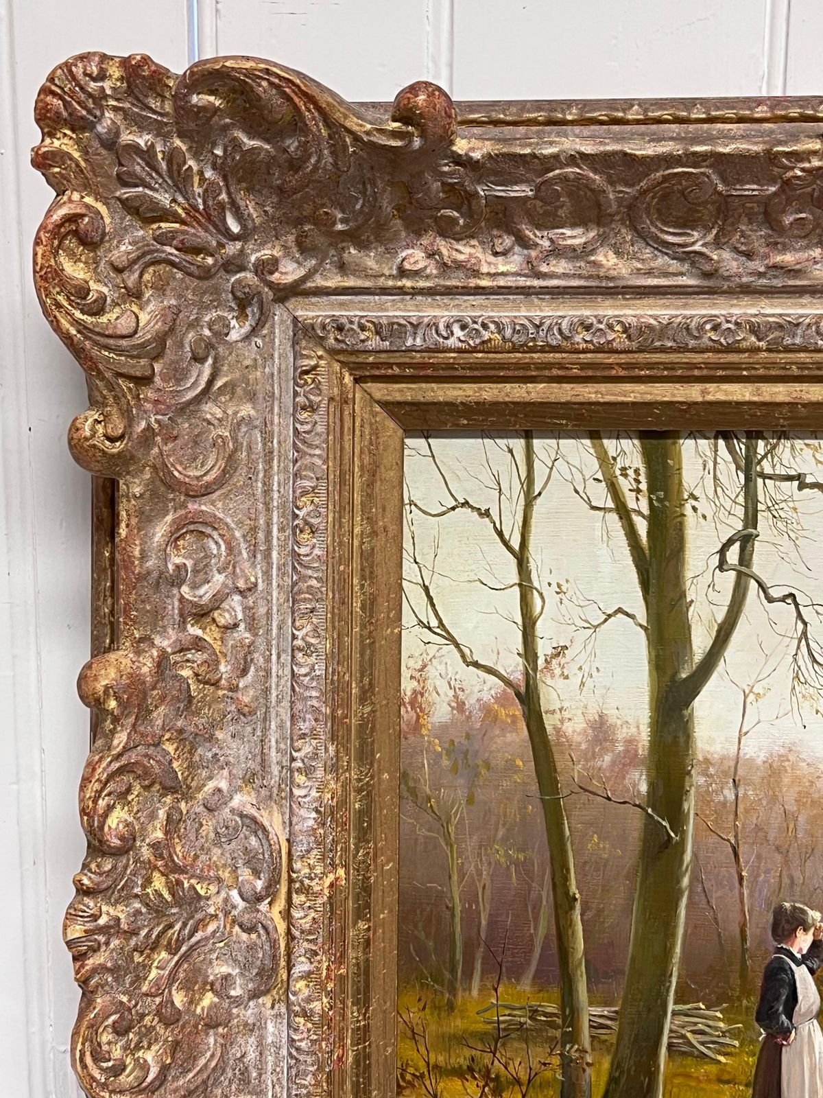 Antique English Schoollady In Woods With Logging Team Gatherin Firewood Fine English Oil Painting photo Art