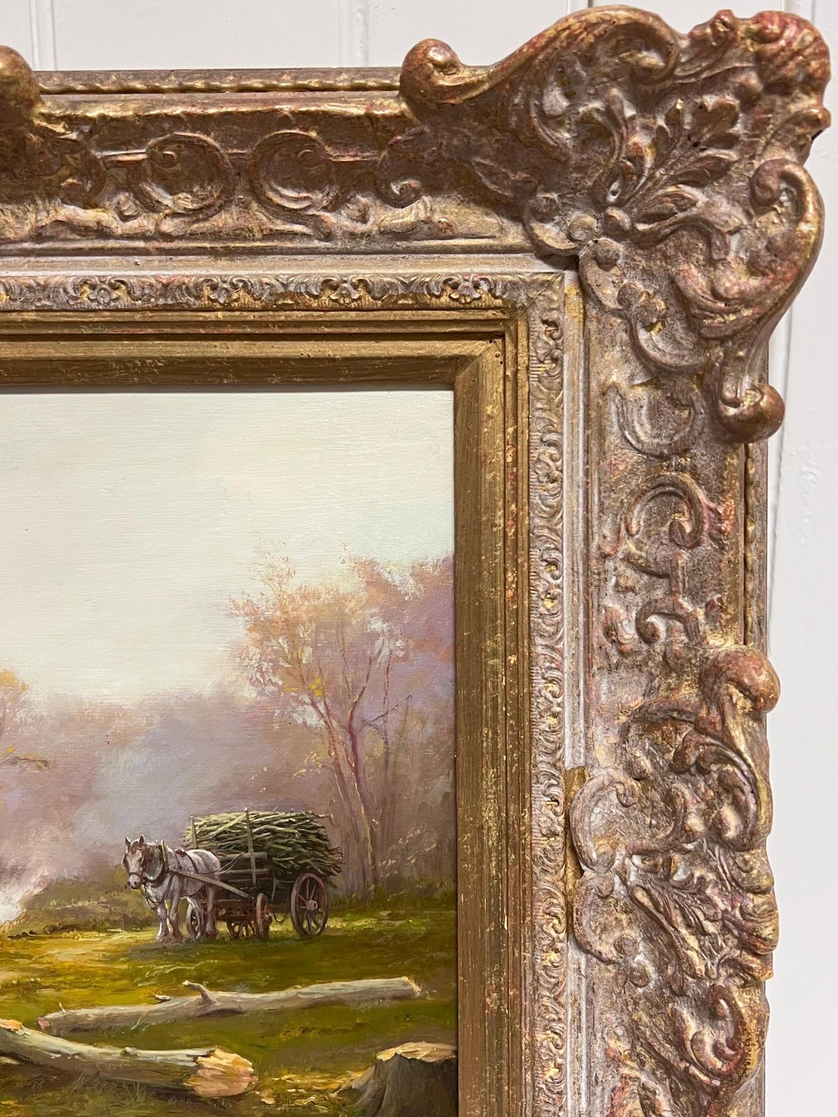 Antique English Schoollady In Woods With Logging Team Gatherin Firewood Fine English Oil Painting photo buy