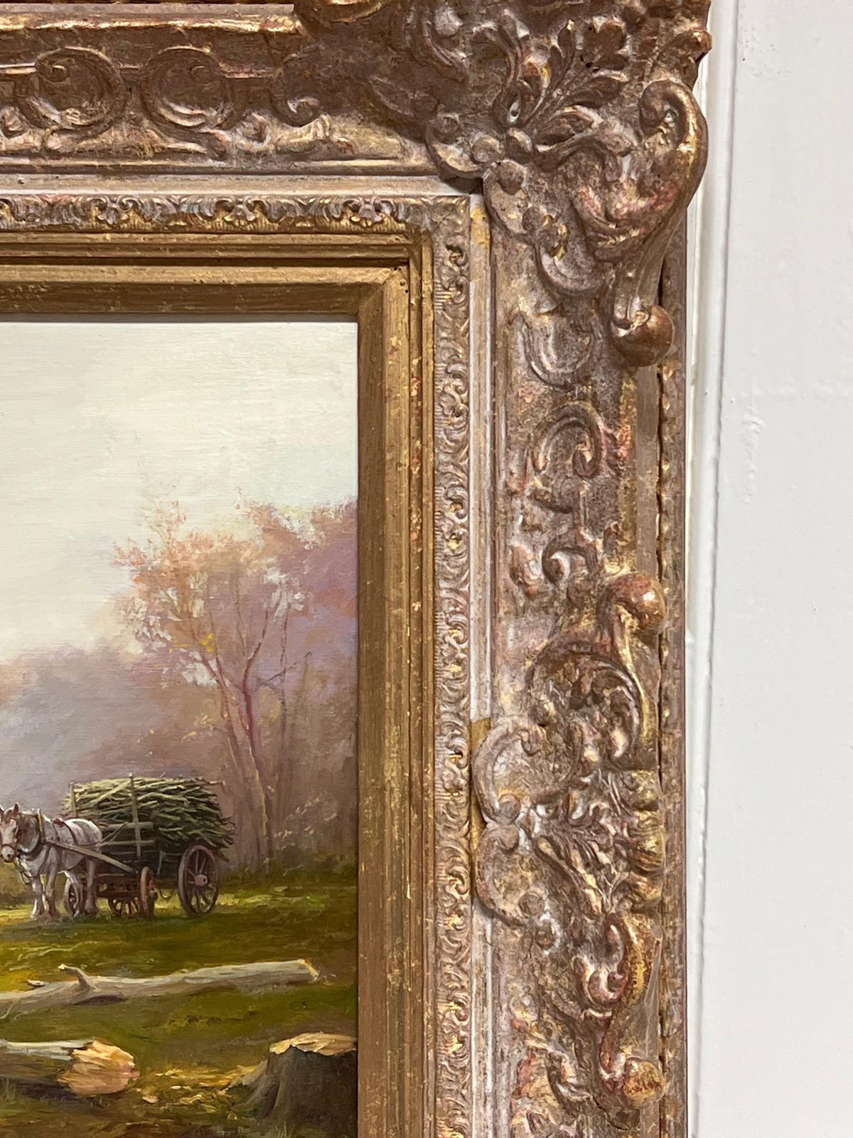 photo furniture Antique English Schoollady In Woods With Logging Team Gatherin Firewood Fine English Oil Painting