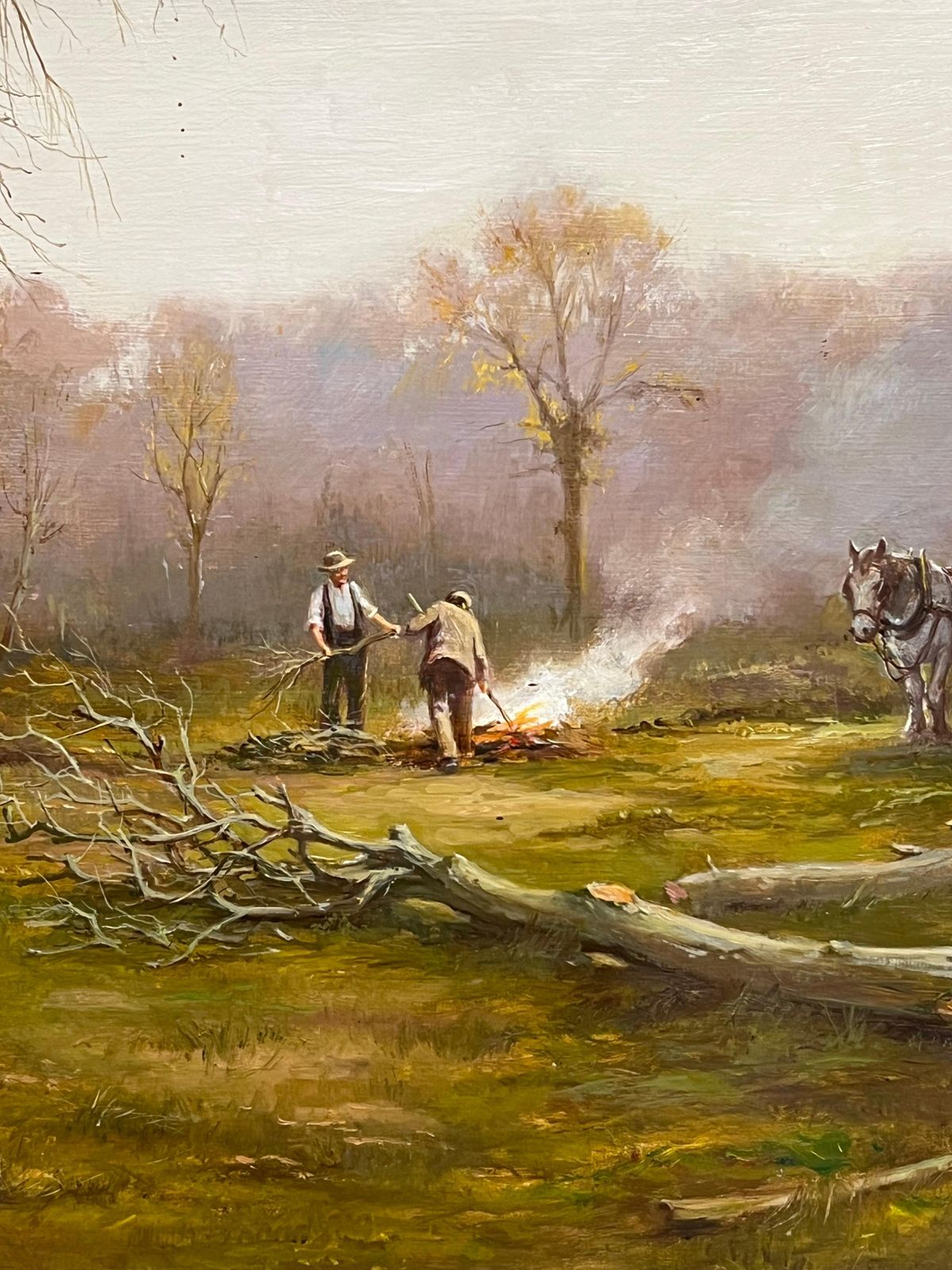 photo for sale Antique English Schoollady In Woods With Logging Team Gatherin Firewood Fine English Oil Painting