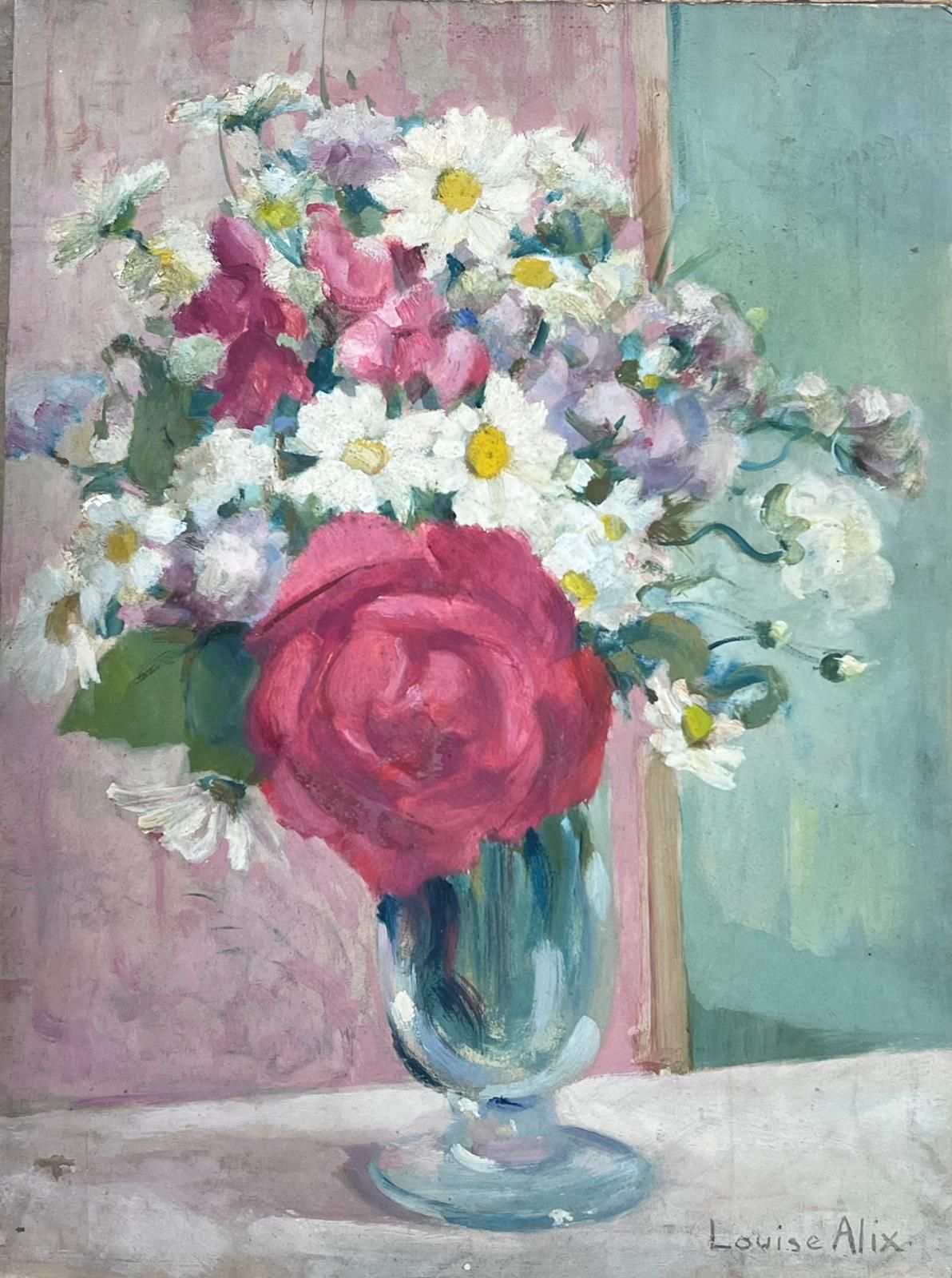 Louise Alix1930's French Impressionist Signed Oil Painting Roses & Daisies In Glass Vase1940's photo furniture