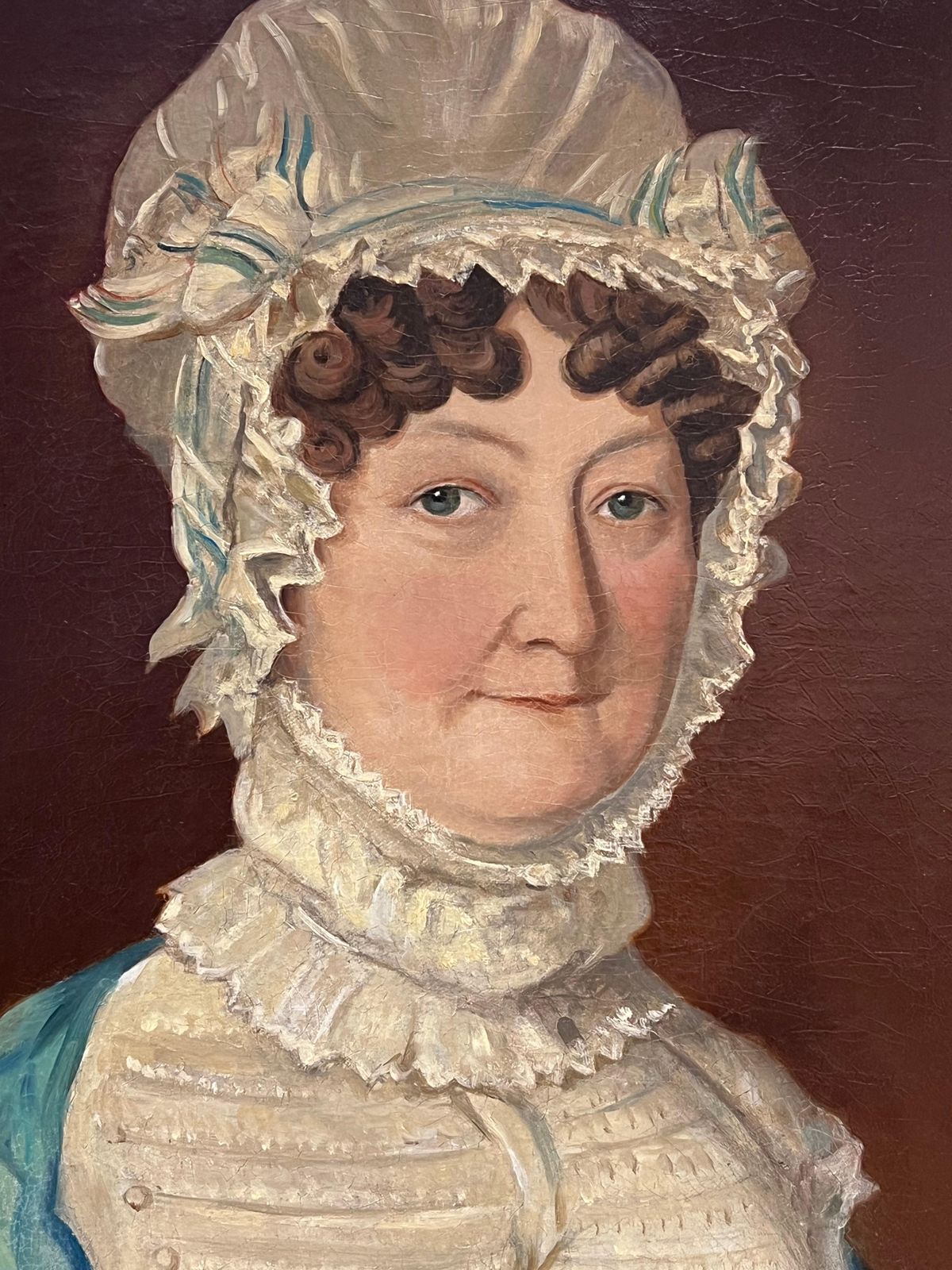 British School Fine 1800's Georgian English Portrait Of Lady In Lace Bonnet Blue Shawl, Oilc. 1820 photo furniture