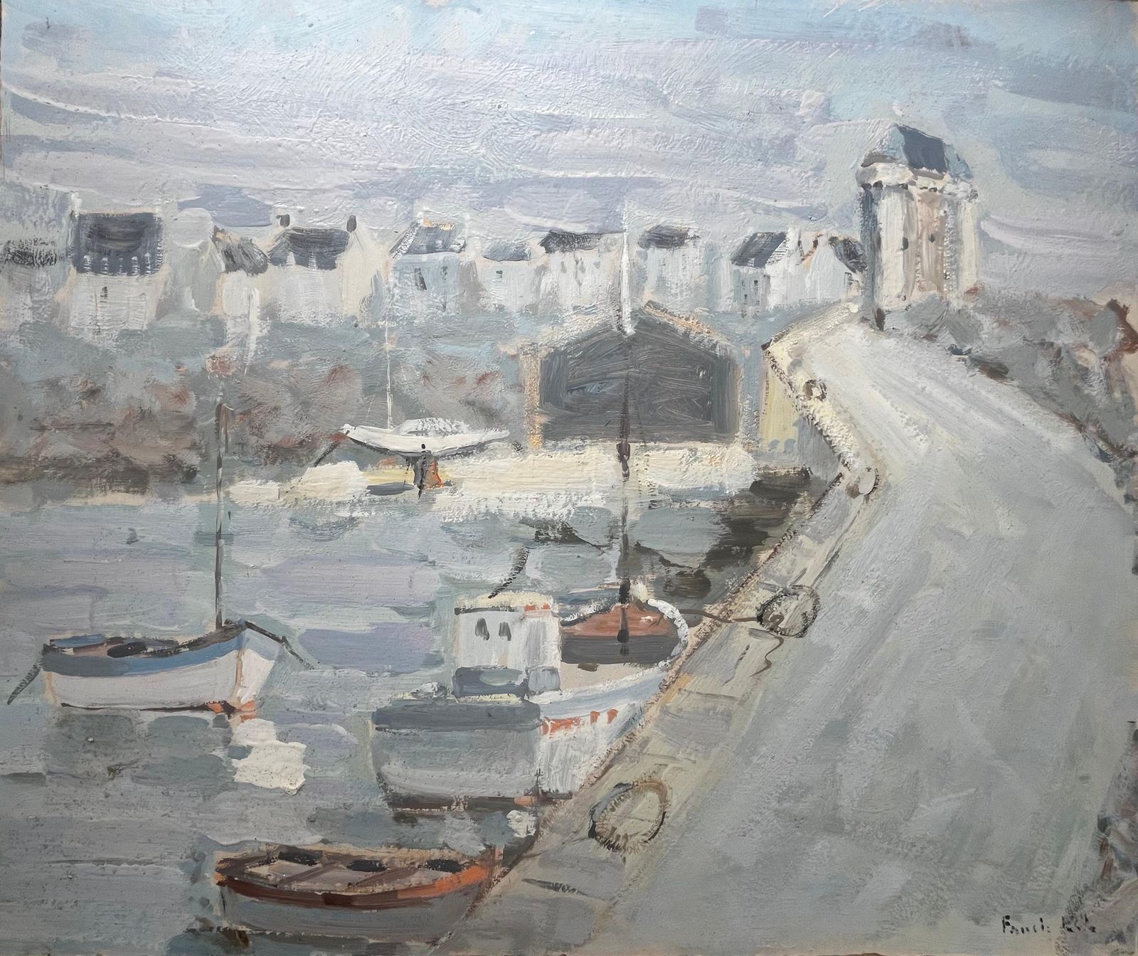 Fanch Lelfrench Port Scene With Boats Bridge And Solidor Tower By Fanch Lel