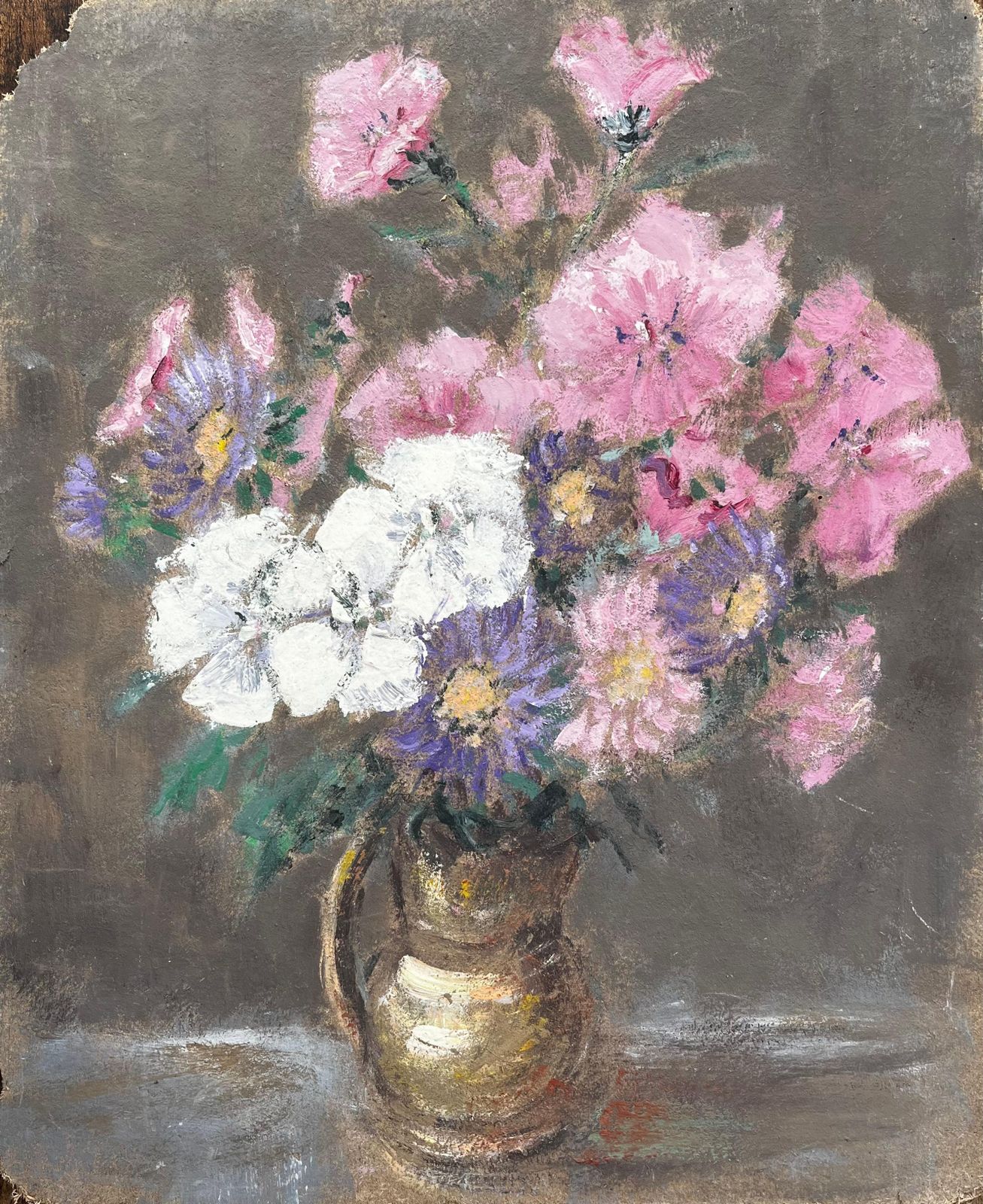Fanch Lelfrench Still Life With Pink White And Purple Flowers In A Golden Jug