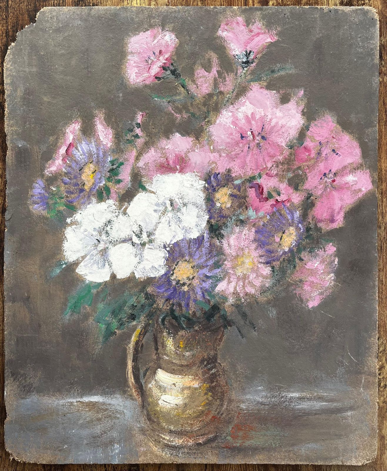 Fanch Lelfrench Still Life With Pink White And Purple Flowers In A Golden Jug photo furniture