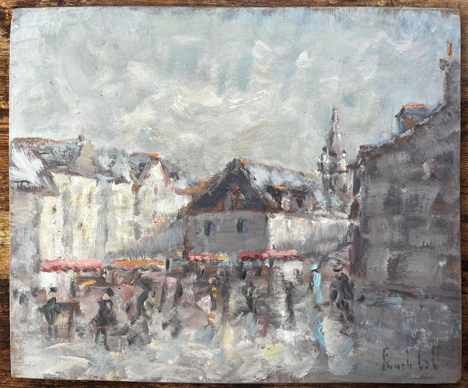 Fanch Lelfrench Village Market Scene With Figures And Church Tower Impressionist Painting photo furniture