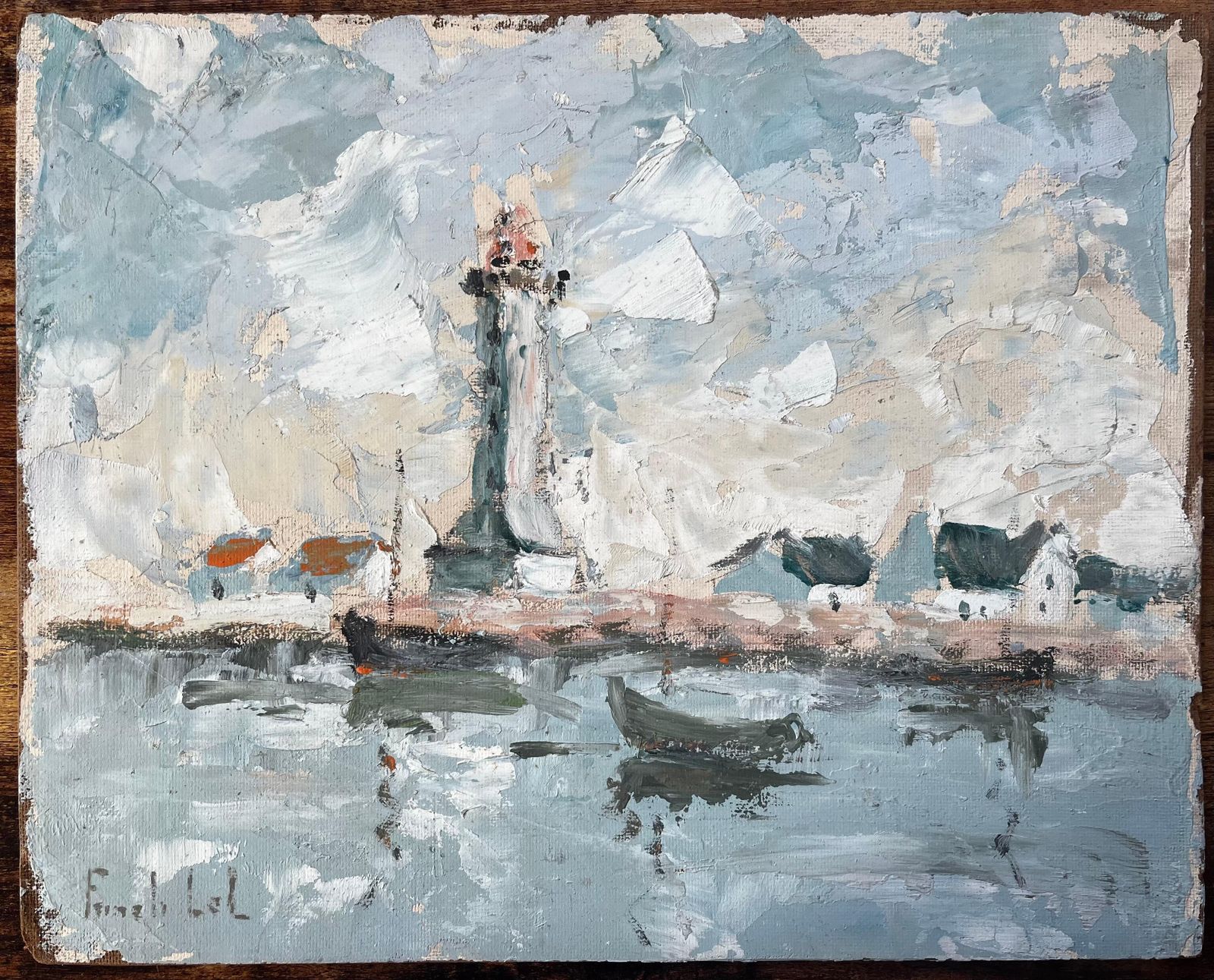 Fanch Lelfrench Coastal Lighthouse Scene With Boats Cottages And Sky Oil Painting photo furniture