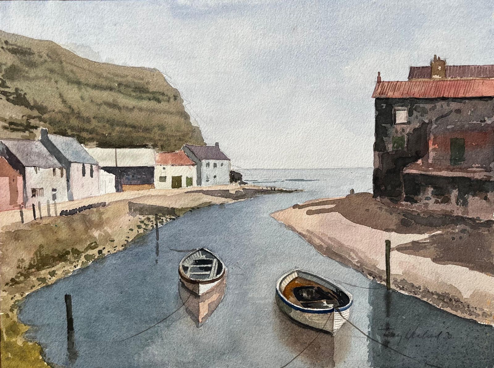 Anthony Herbertstaithes Harbour Boats With Cliff And Seaside Cottages Yorkshire Watercolour1970