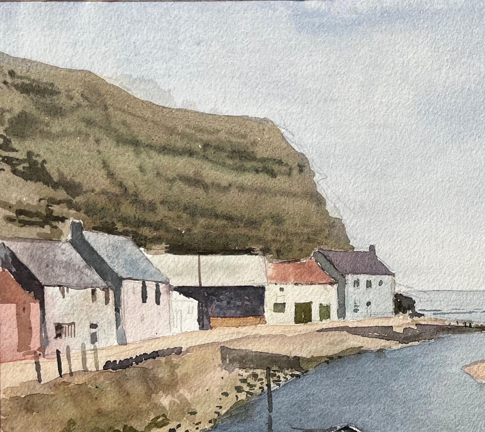 Anthony Herbertstaithes Harbour Boats With Cliff And Seaside Cottages Yorkshire Watercolour1970 photo for sale