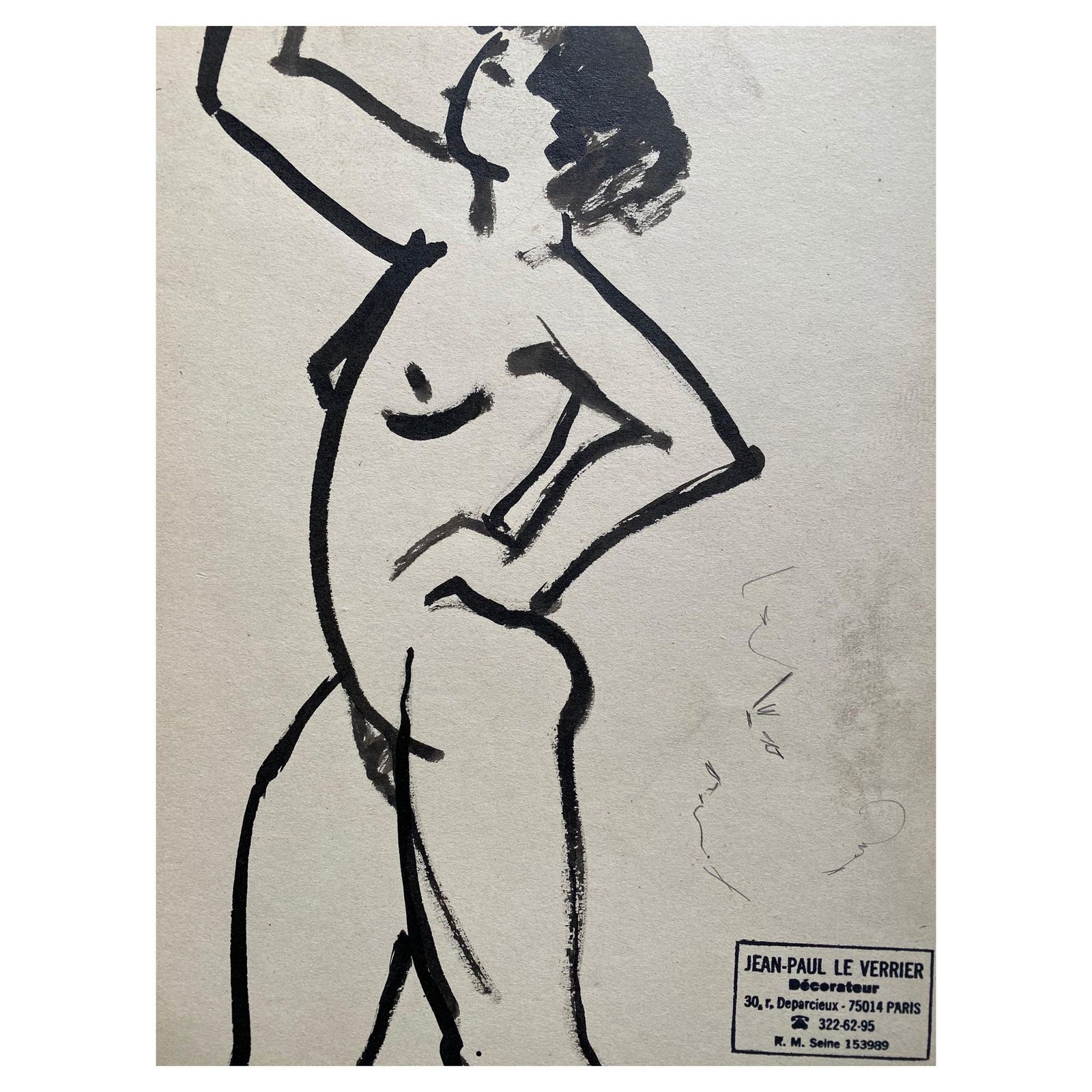 Unknownmid 20th Century French Original Line Drawing Sketch Nude Female   Stampedmid 20th Century