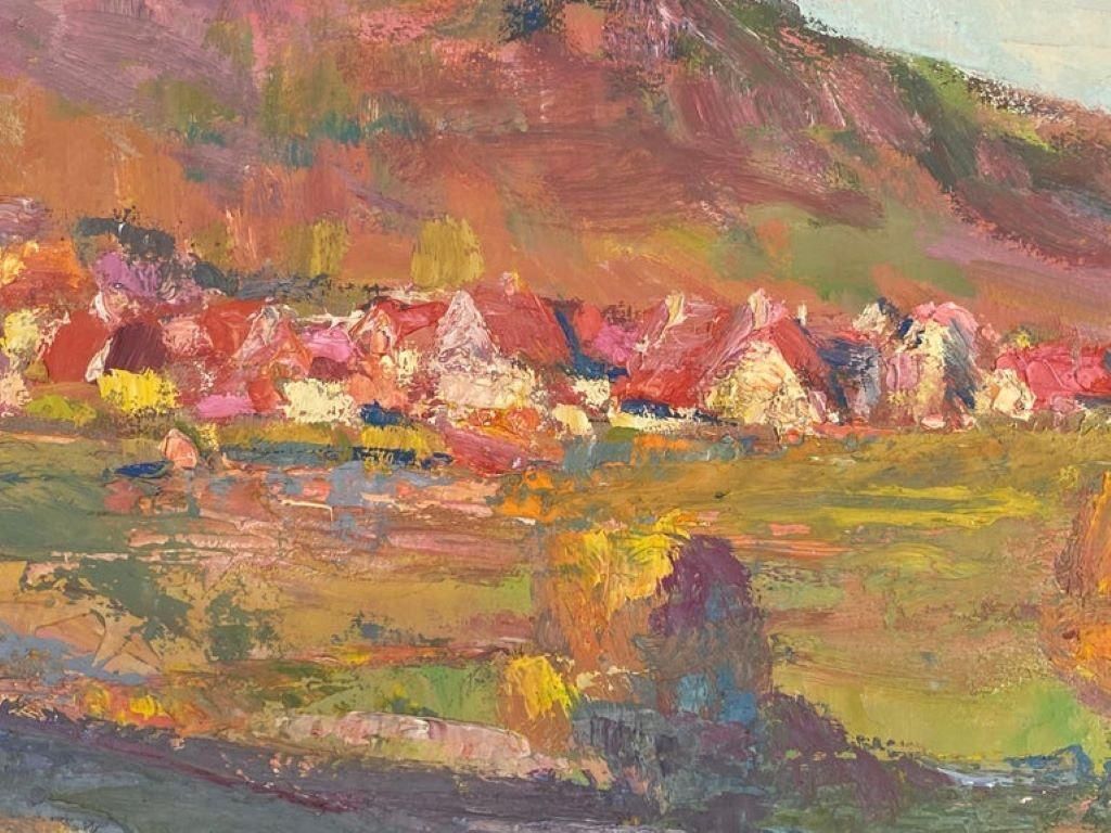 Leon Hatotvintage French Impressionist Oil Pink Sunset Over Provence Village1950 photo for sale