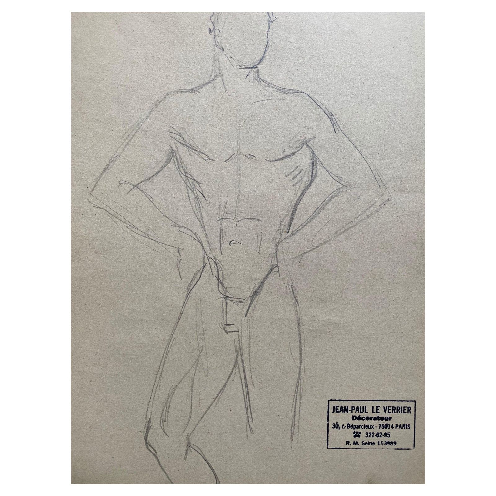 Unknownmid 20th Century French Original Line Drawing Sketch Nude Male   Stampedmid 20th Century