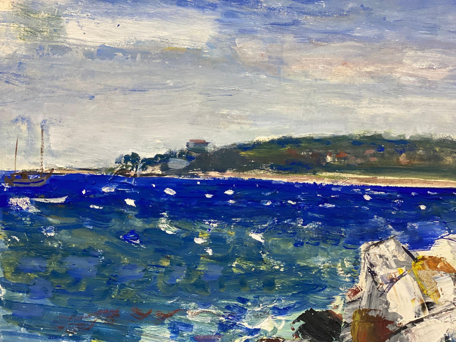 Unknownmid Century French Post Impressionist Painting, French Sea Over Rocks1950 photo for sale