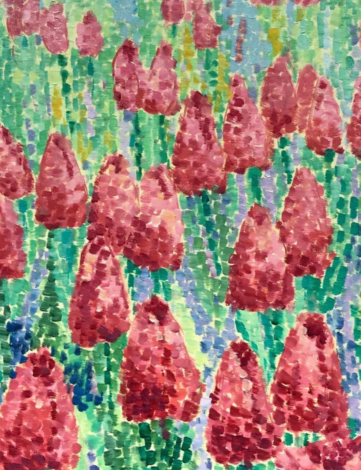 Unknownbright & Colorful French Pointillist Oil Painting   Field Of Pink Tulips2000 photo for sale