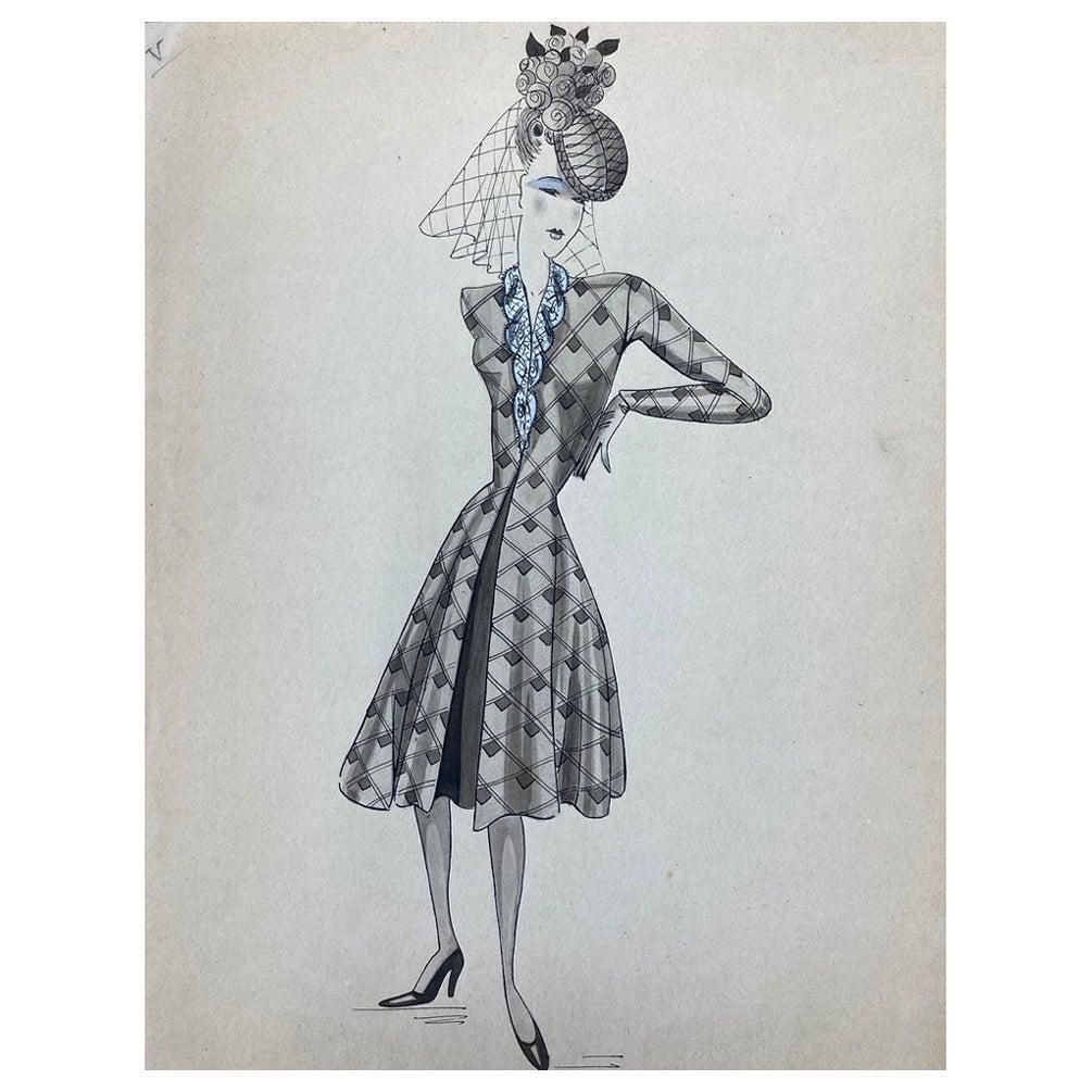 Unknown1940's French Fashion Illustration, Chic Lady In Blue Detailed Dresscirca 1940s
