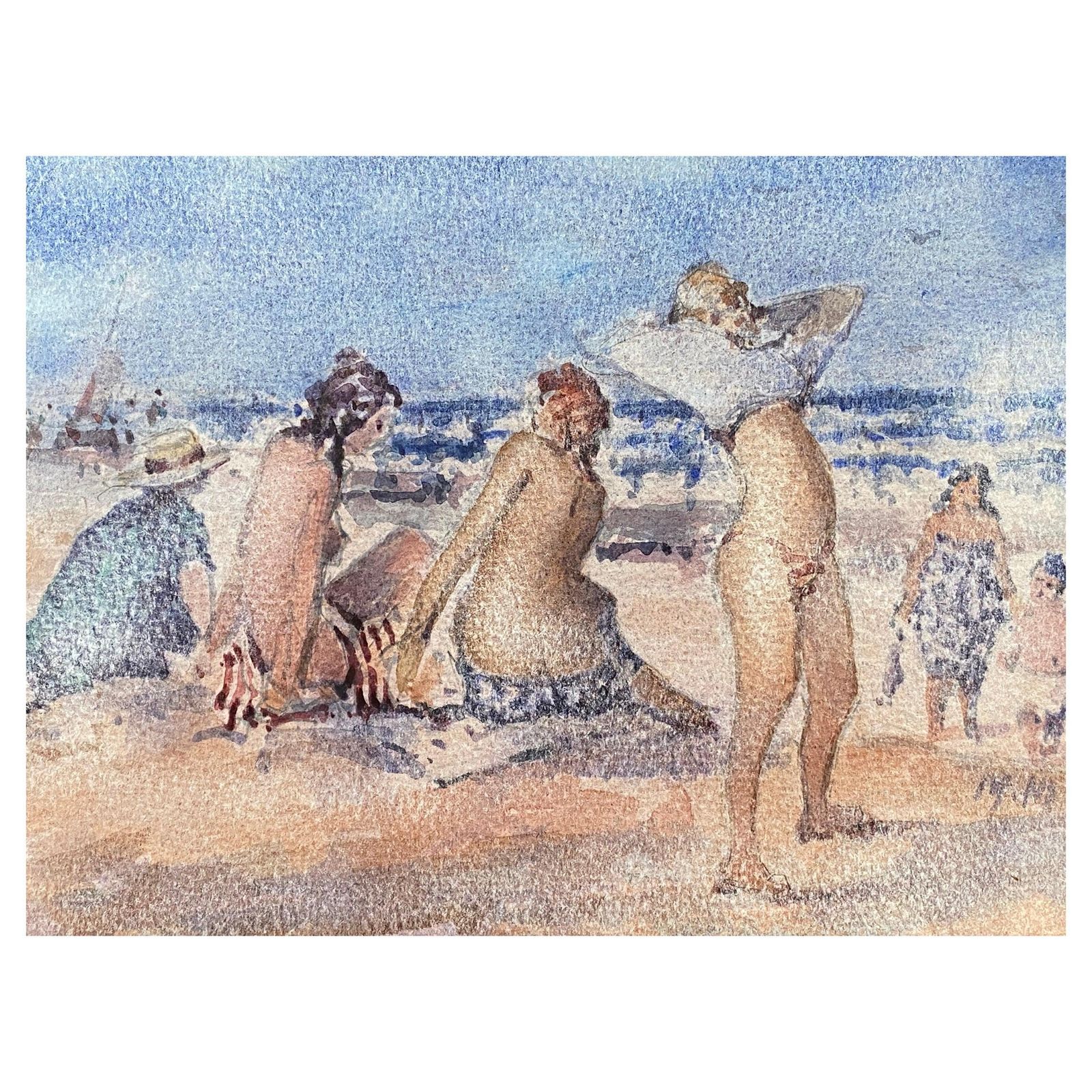Unknownmaurice Mazeilie French Impressionist Watercolour   Girls Beach Day20th Century