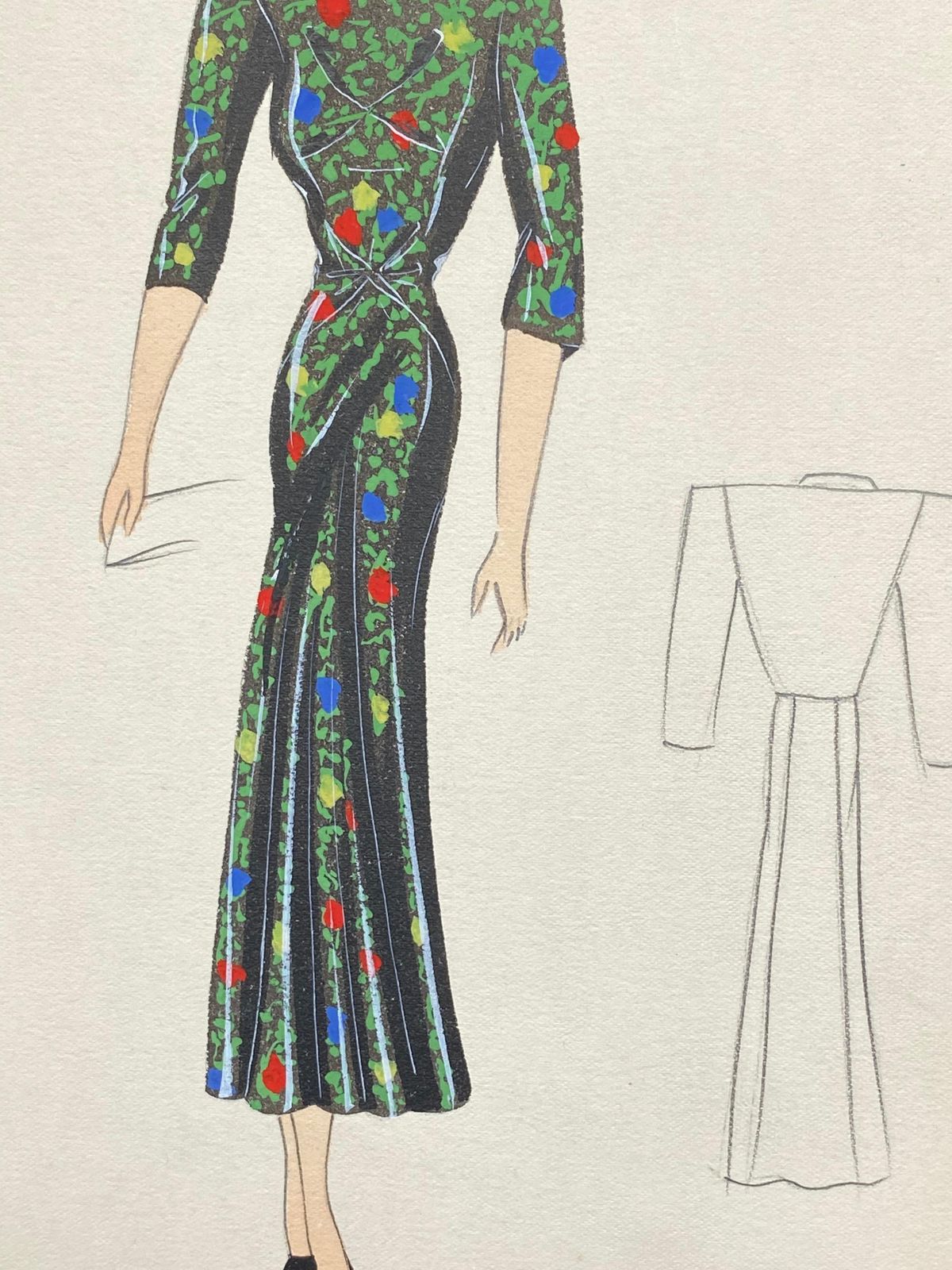 Unknown1930's Original Parisian Fashion Illustration Watercolor Black Oriental Dresscirca 1930s photo for sale