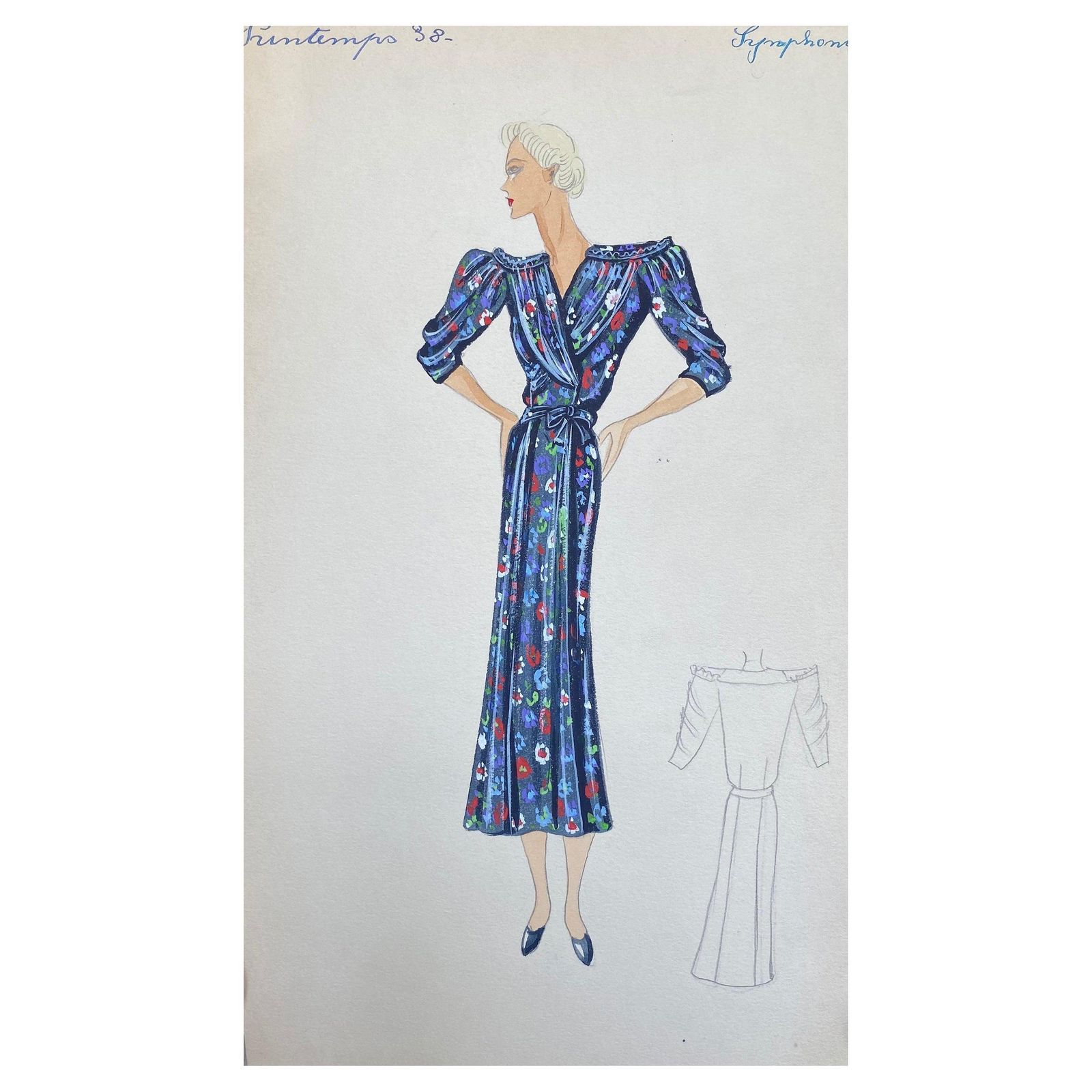 Unknown1930's Original Parisian Fashion Watercolor Blue Floral Summer Dresscirca 1930s