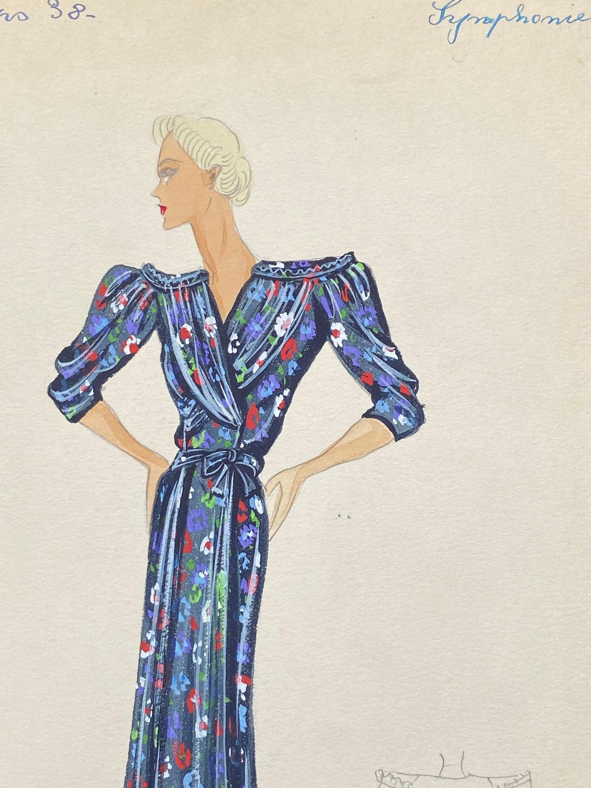 Unknown1930's Original Parisian Fashion Watercolor Blue Floral Summer Dresscirca 1930s photo 153.0