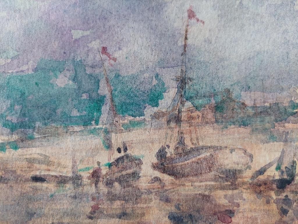 Maurice Mazeiliefrench Modernist Cubist Painting Fishing Boats On The Beach20th Century photo Art