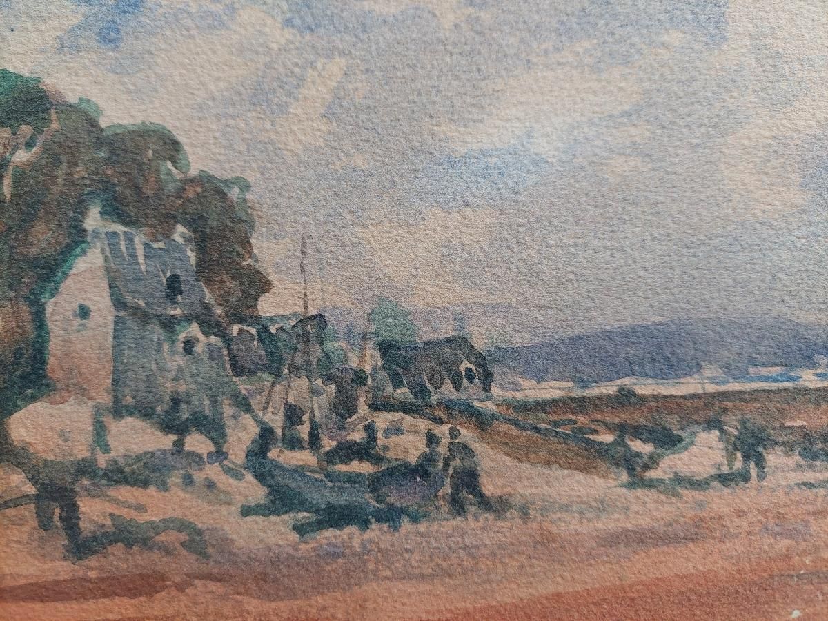 Unknownfrench Modernist Cubist Painting Fishing Boats On The Coast20th Century photo vintage