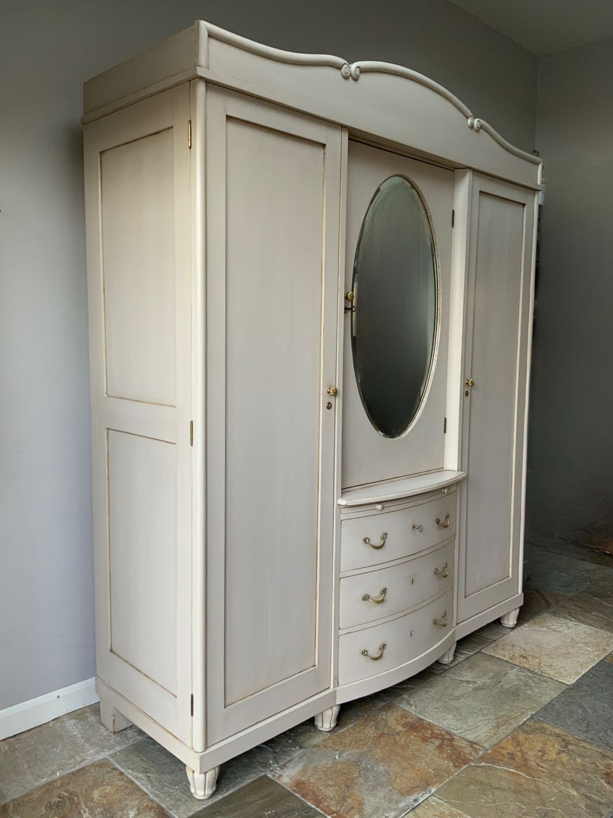 Restored Vintage Knockdown Continental Triple Painted Pine Grey Wardrobe photo 1995.0