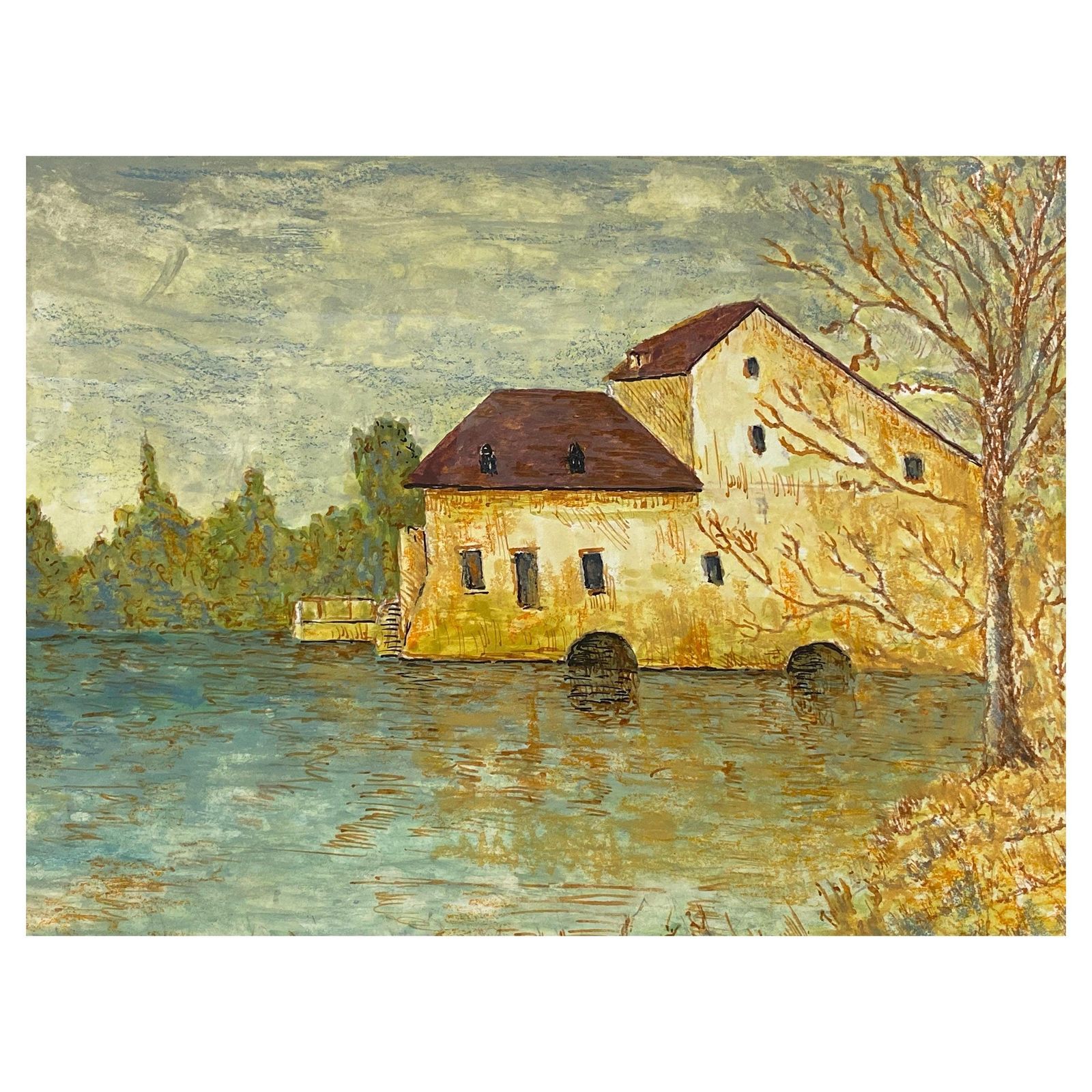 Unknown1950's Modernist Painting, French Building Over Lake1950s
