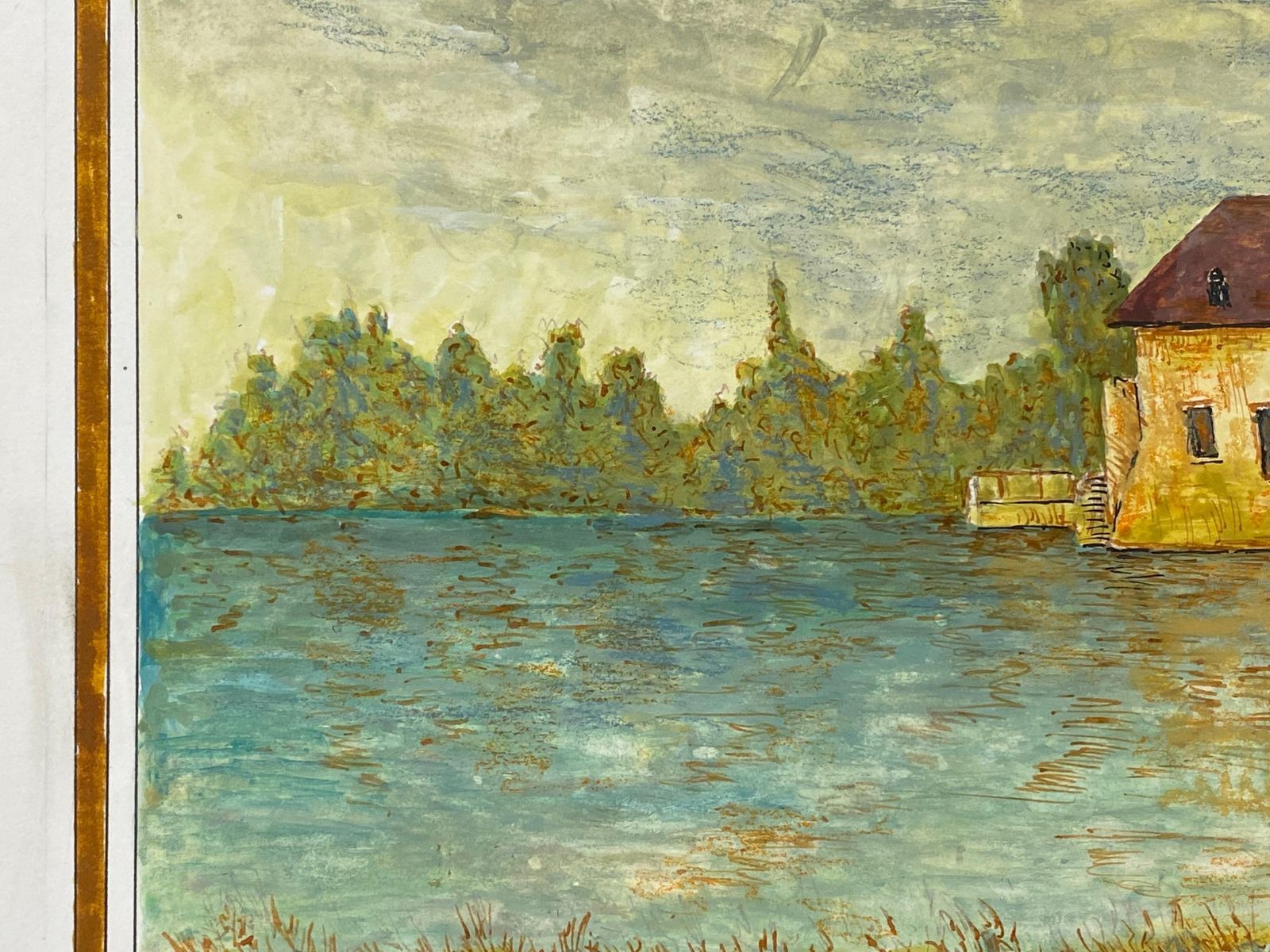 Unknown1950's Modernist Painting, French Building Over Lake1950s photo for sale