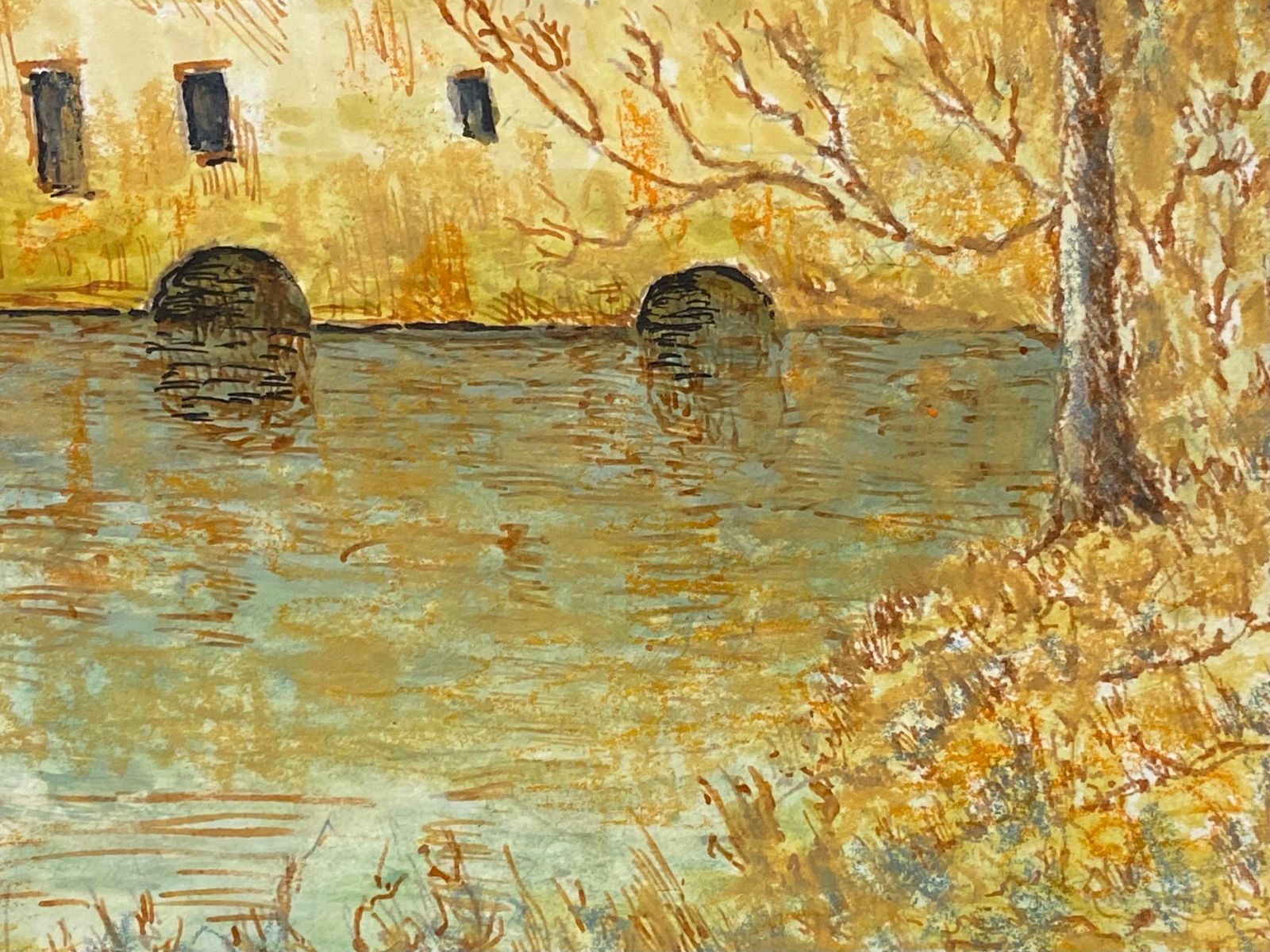 Unknown1950's Modernist Painting, French Building Over Lake1950s photo Art