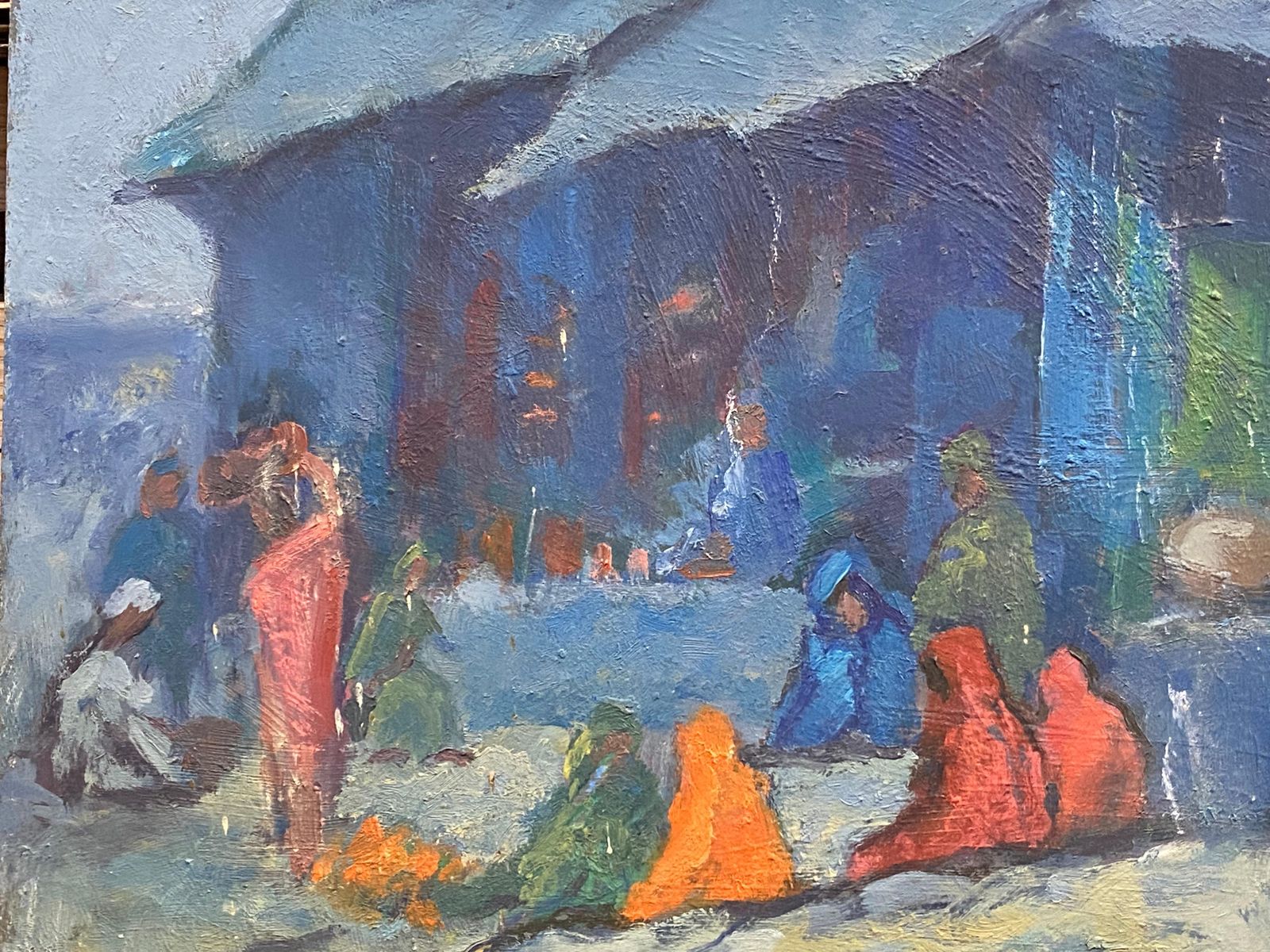 Unknown1970's Impressionist Oil Painting, Mount Abu Market Busy Figurative Scene20th Century photo for sale