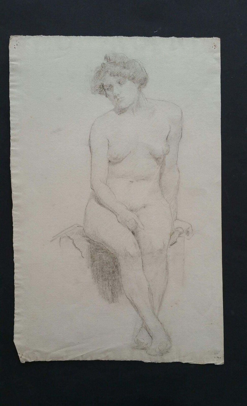 Unknownenglish Graphite Portrait Sketch Of Female Nude, Seatedcirca 1880 1905 photo buy