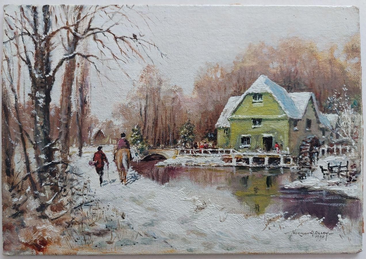English  Schooltraditional English Painting Water Mill In Winter Snow With Horse20th Century photo furniture