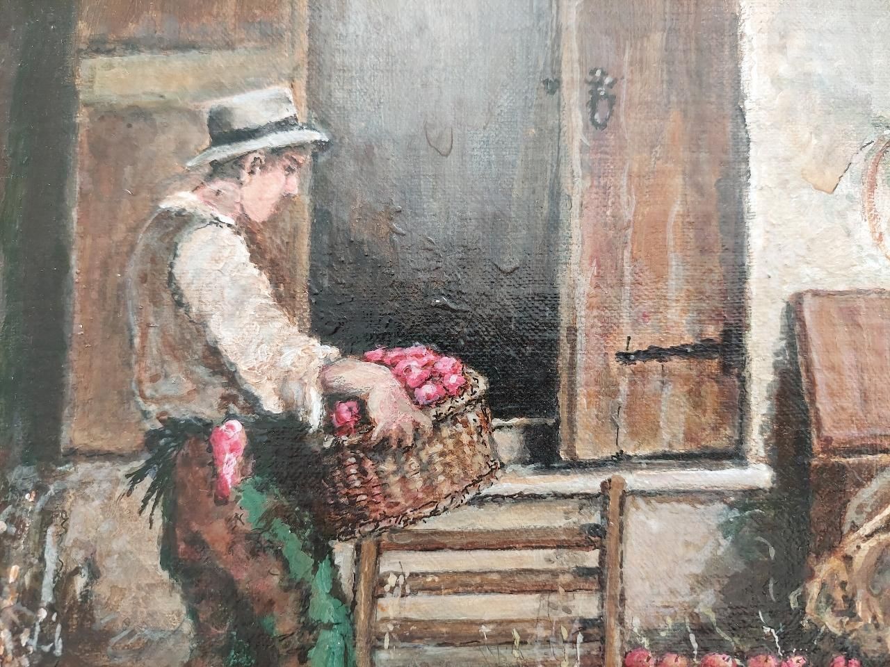 English  Schooltraditional English Painting Farmer Storing Apples In Higham Oast House, Kent20th Century photo 504.0