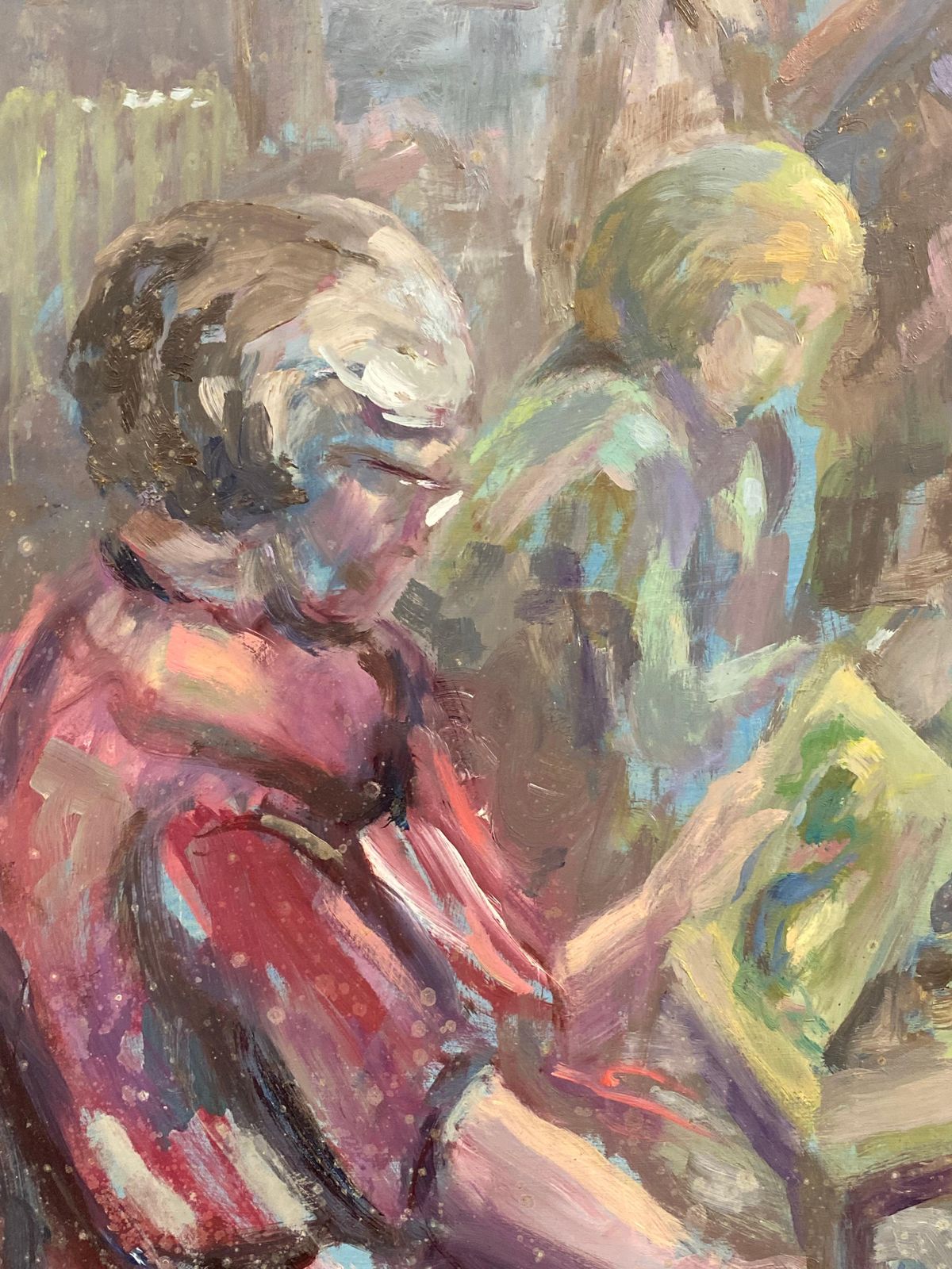 Unknownsigned Large 1960's British Original Oil Painting, Figures Readingcirca 1960s photo Art