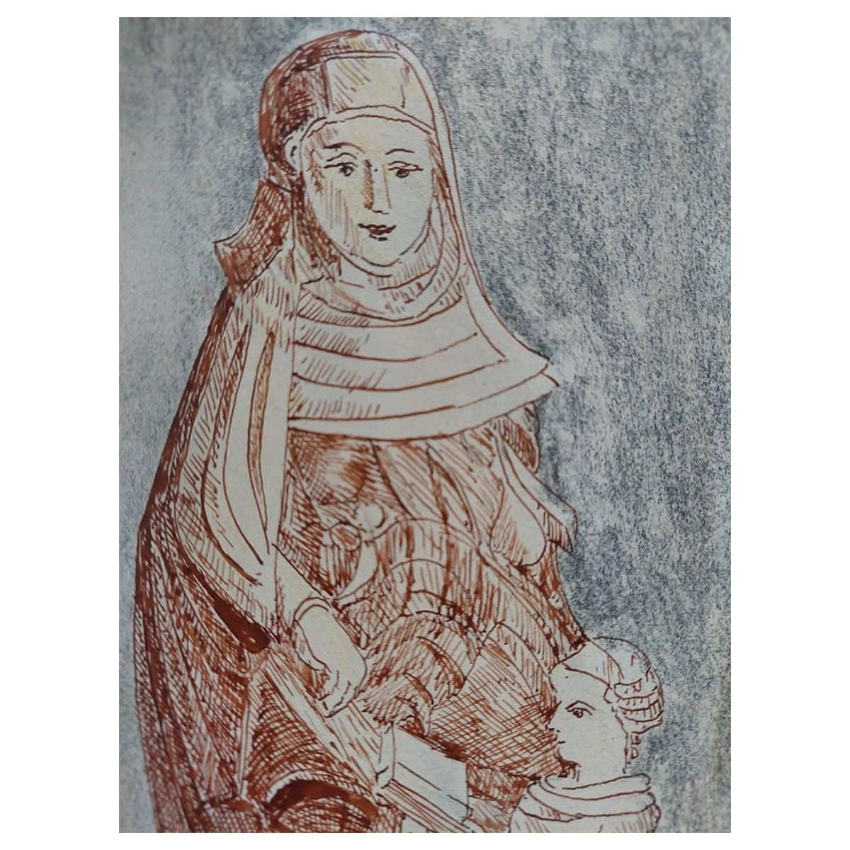 Bernard Labbe20th Century French Modernist Cubist Ink Sketch, Religious Statue20th Century