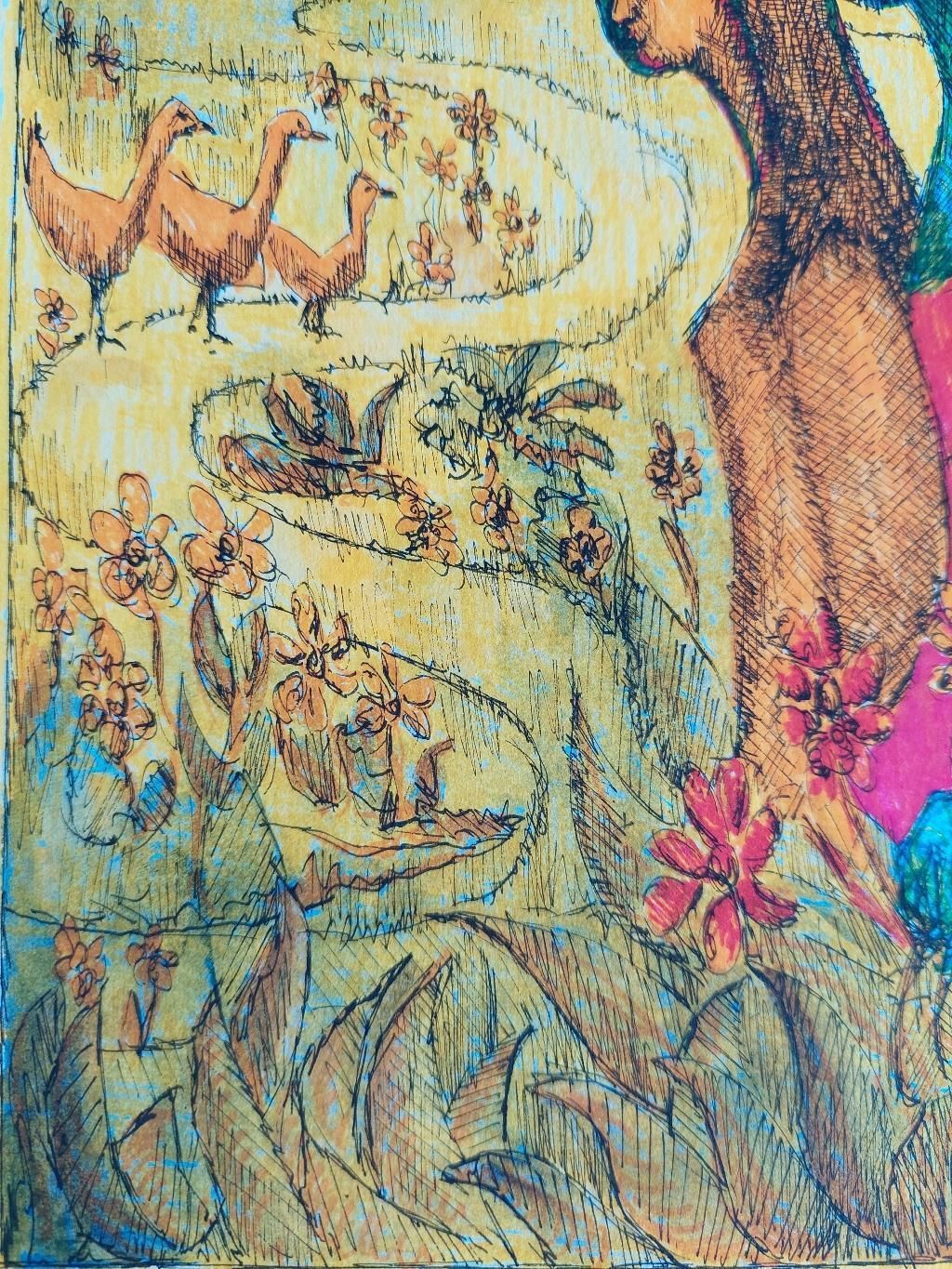 Bernard Labbe20th Century French Modernist Painting, Figures And Geese, Labbe20th Century photo vinterior