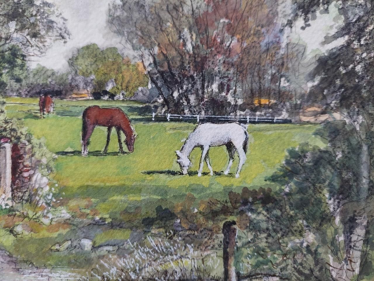 English  Schooltraditional English Painting Of A Village Scene With Figures, Dog And Horses20th Century photo buy