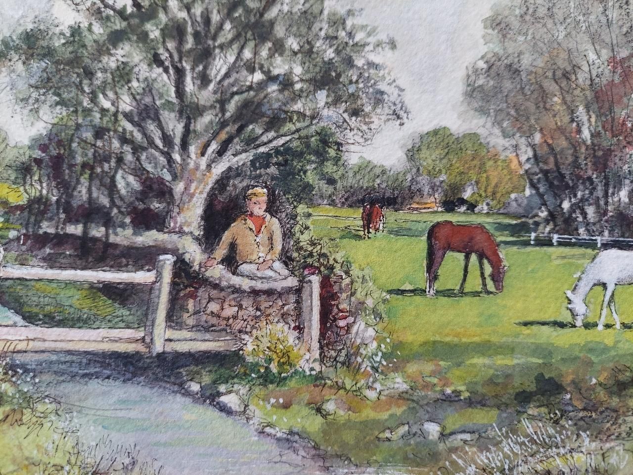 English  Schooltraditional English Painting Of A Village Scene With Figures, Dog And Horses20th Century photo vintage