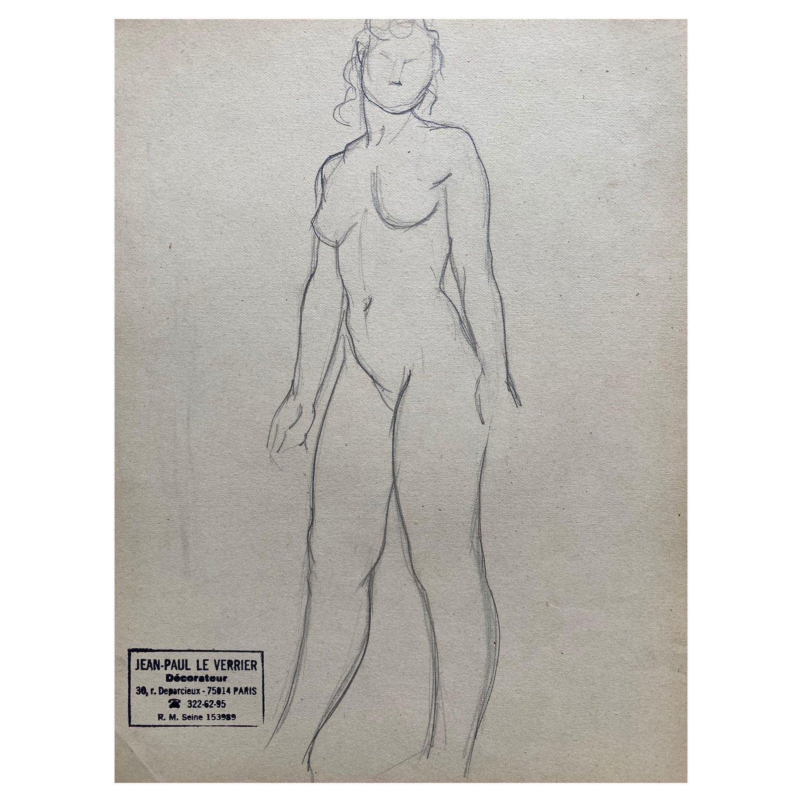 Unknownmid 20th Century, French Original Line Drawing Sketch Nude Lady, Stampedmid 20th Century