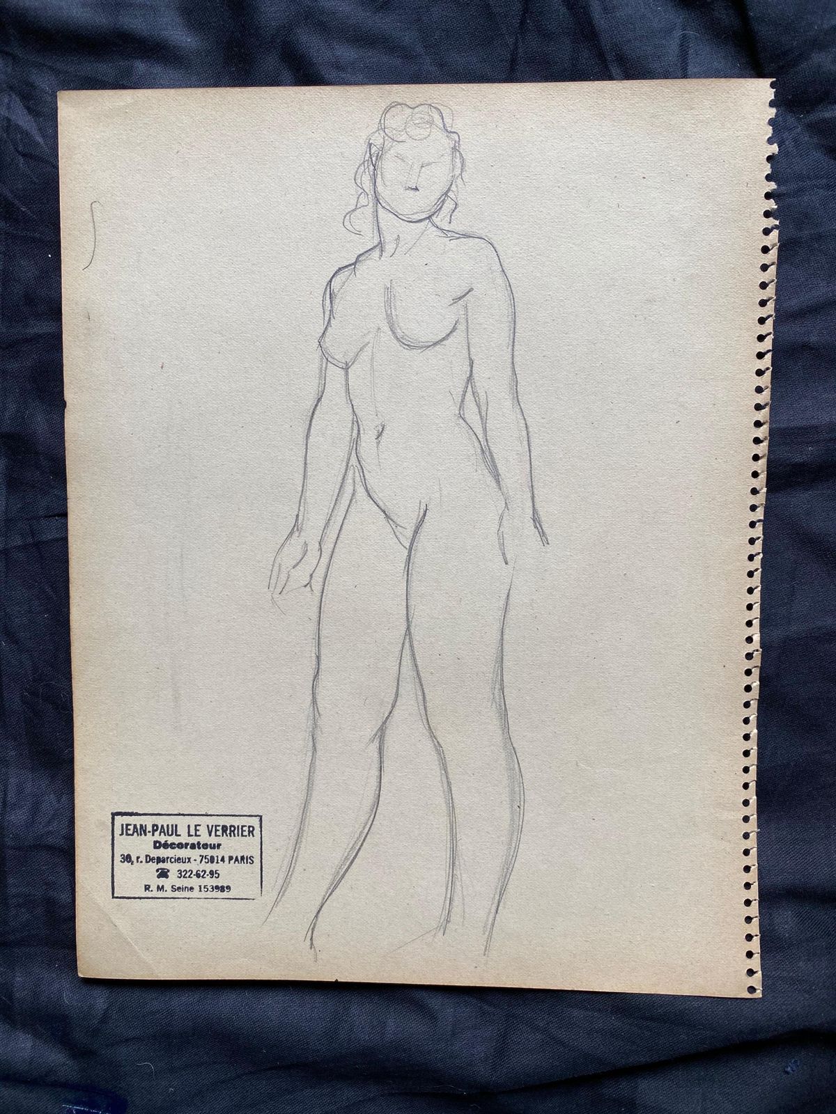 Unknownmid 20th Century, French Original Line Drawing Sketch Nude Lady, Stampedmid 20th Century photo furniture