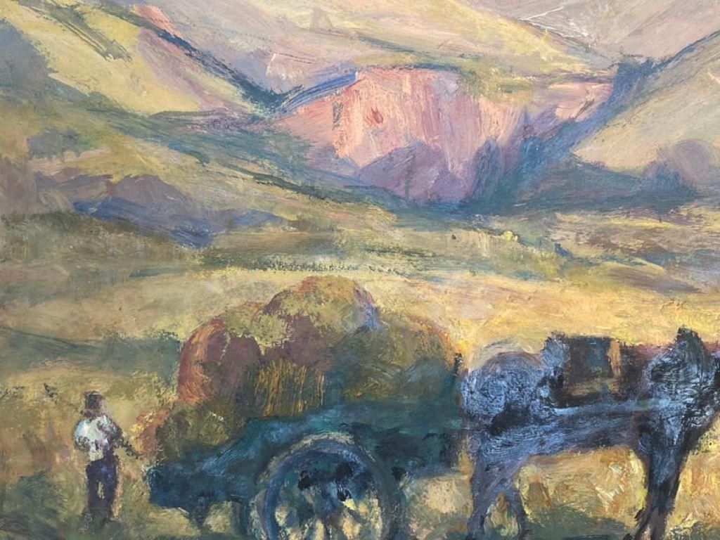 Leon Hatotvintage French Impressionist Oil Horse & Cart With Farmers Cropping The Harvest1950 photo furniture