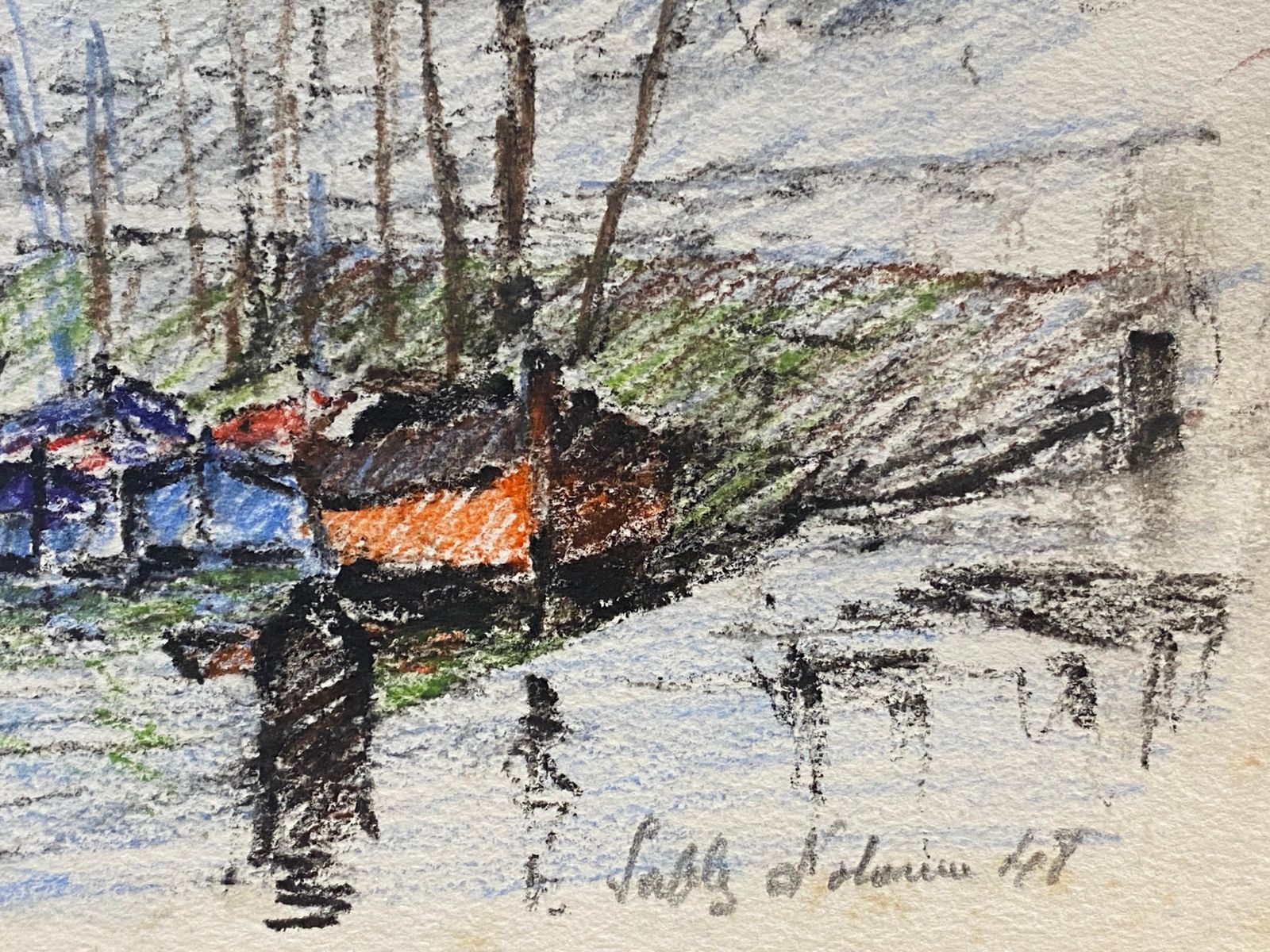 Unknownbreton Harbour Boats, Camille Meriot French Signed Impressionist Crayon Drawingcirca 1940s photo Art