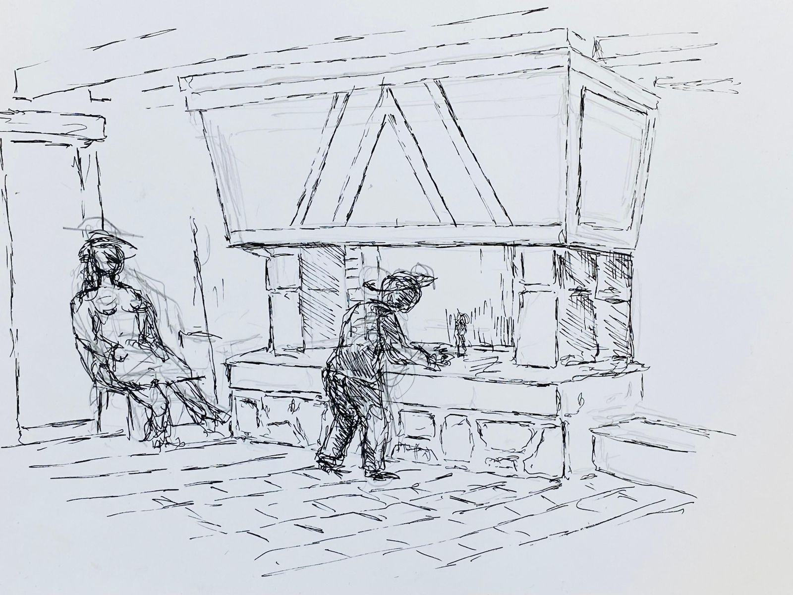 Unknown1950's French Modernist/ Cubist Drawing, Two Figures By The Fire Place1950 photo furniture
