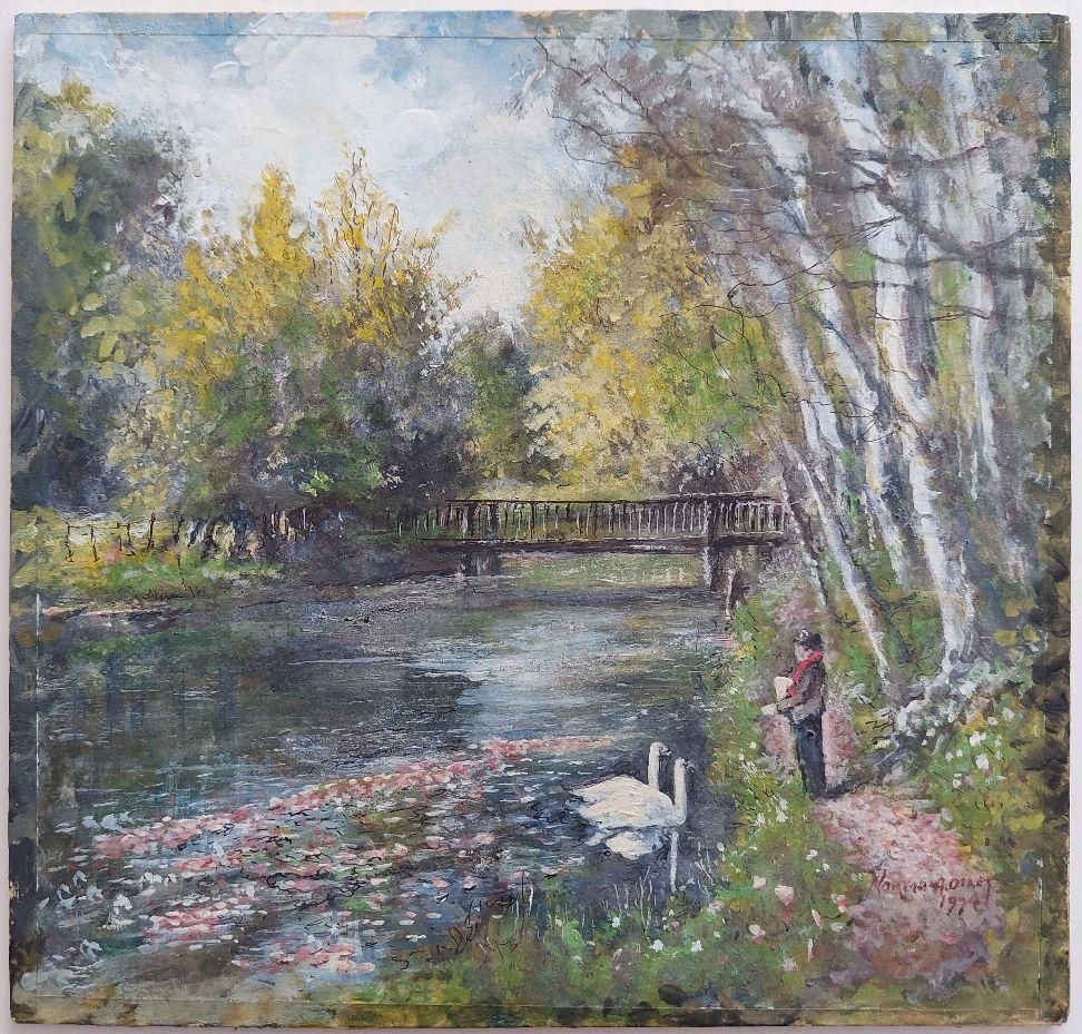 English  Schooltraditional English Painting Swans On River Molember East Molesey Surrey England20th Century photo furniture