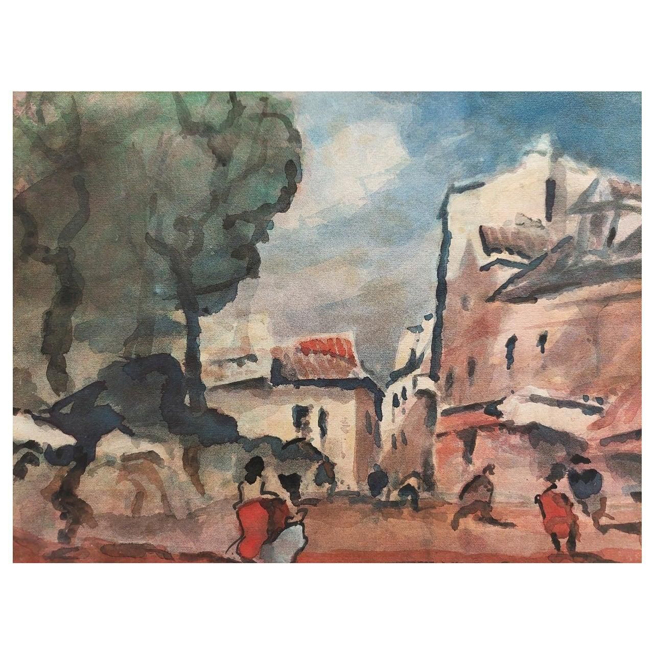 Maurice Mazeiliefrench Modernist Cubist Painting Figures In A Country Village Street20th Century