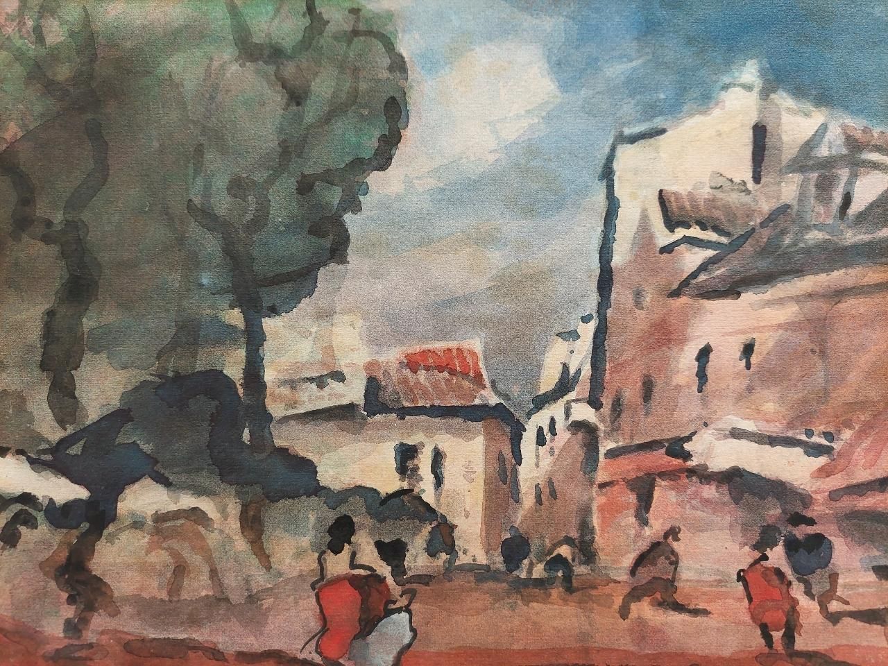 Maurice Mazeiliefrench Modernist Cubist Painting Figures In A Country Village Street20th Century photo for sale