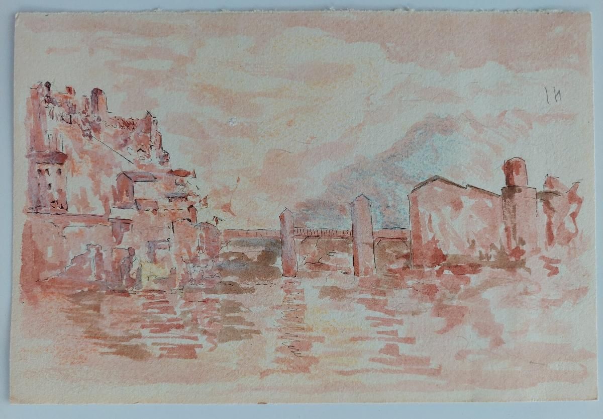 Bernard Labbe20th Century French Modernist Cubist Painting, French River Town20th Century photo furniture