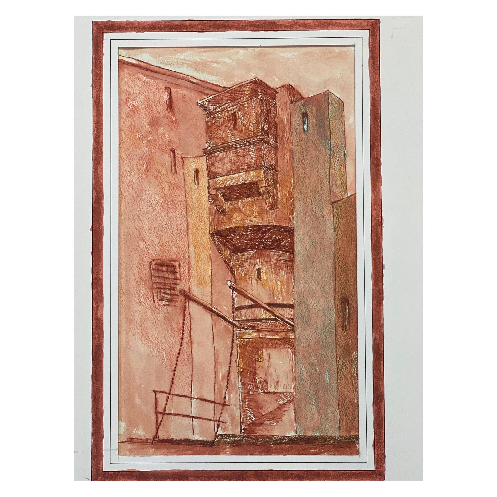 Unknown1950's Modernist Painting, Red French Tall Building1950s